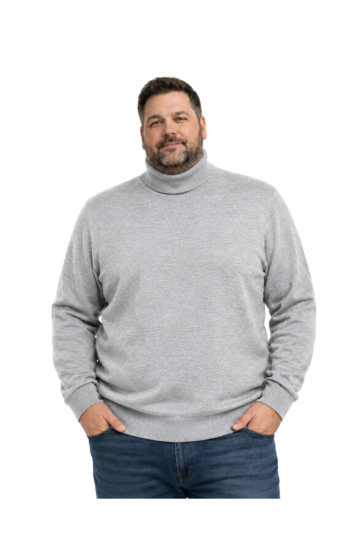 BattalModa Erkek Büyük Beden Gri Tam Balıkçı Triko Kazak 3XL-4XL-5XL-6XL