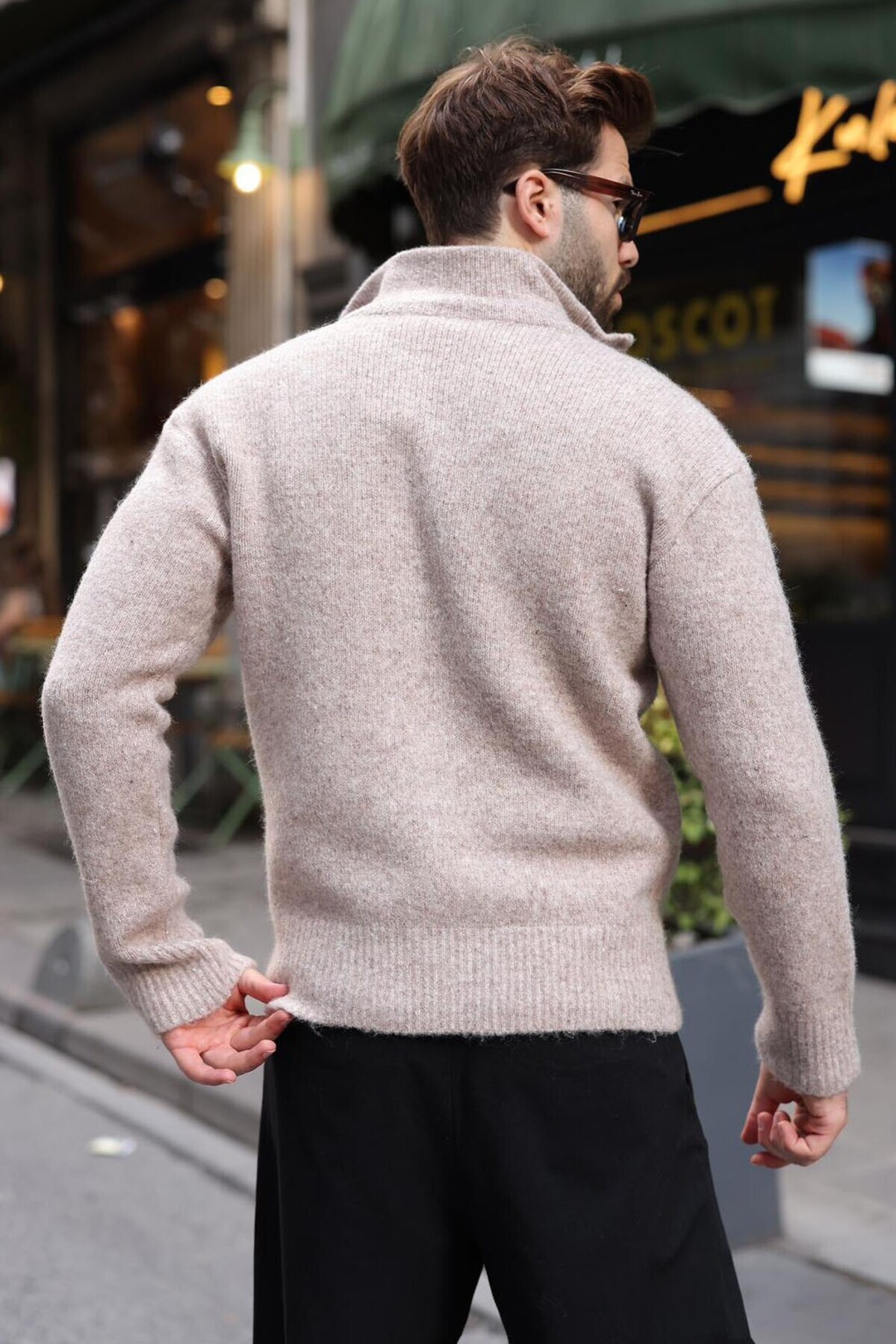 Taş Rengi Dik Yaka Çift Fermuarlı Erkek Triko Hırka E7528 — بژ — تصویر 3 از 5