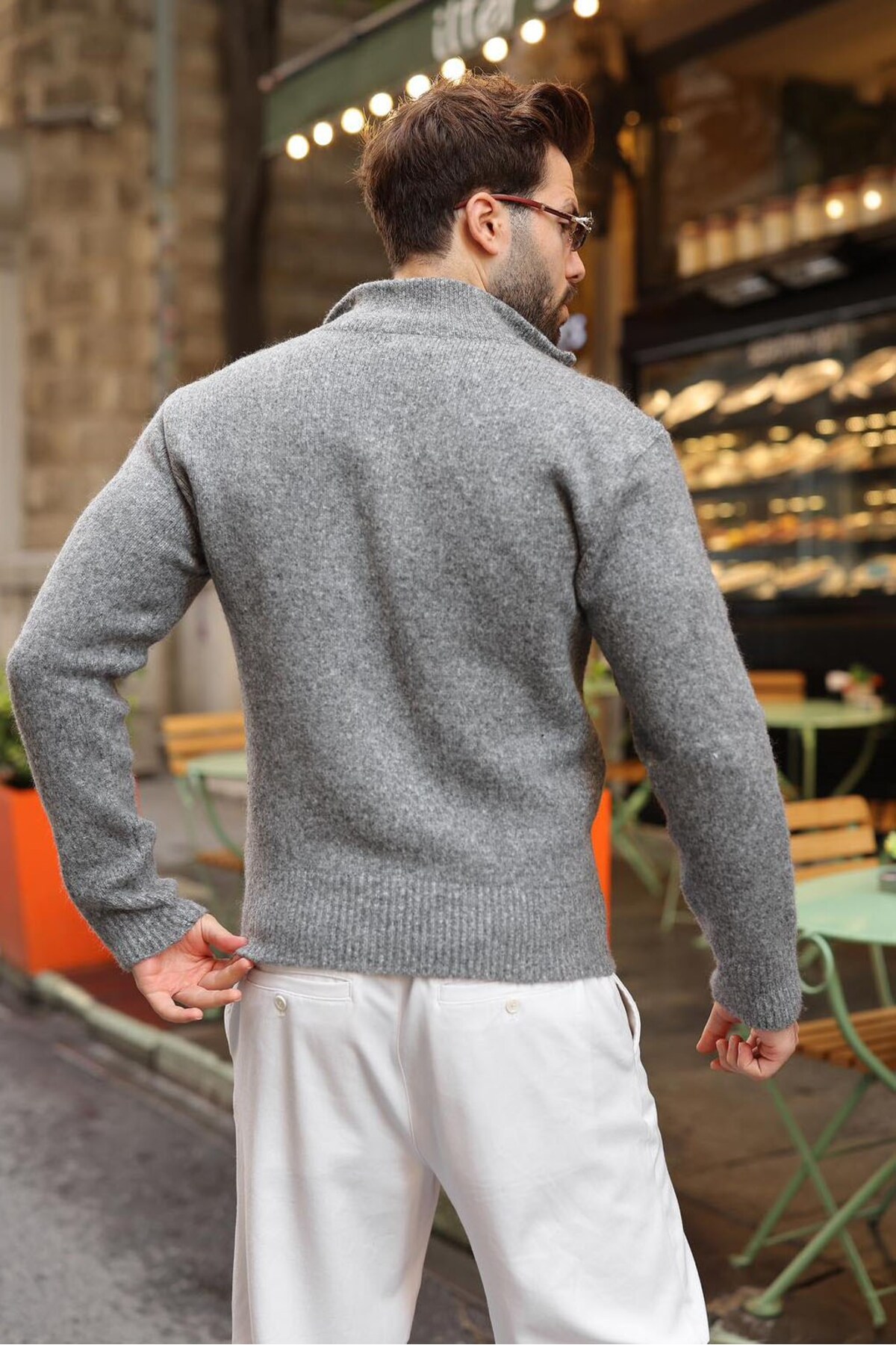 ژاکت بافتنی مردانه یقه ایستاده خاکستری با زیپ دوبل E7528 — خاکستری — تصویر 3 از 5