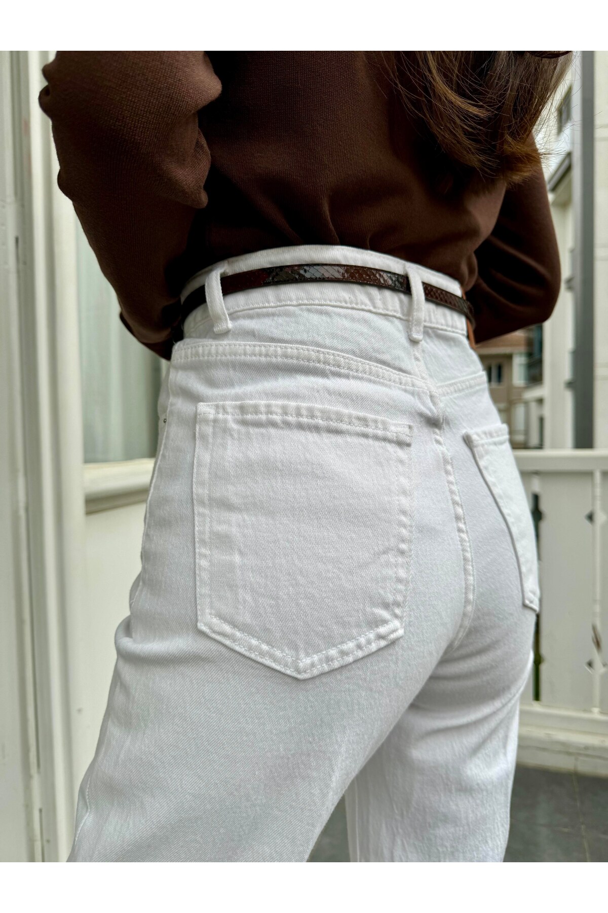 BOLESA GİYİM Beyaz Çizgi Ütü Straight Jean Pantolon görsel 3