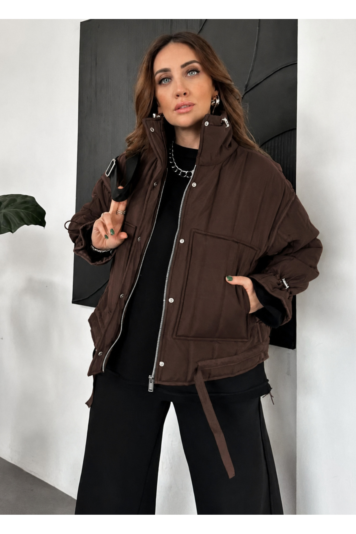 Bella Bloom Boutique Yüksek Yaka Fermuarlı Cepli Rahat Kesim Özel Tasarım Mont görsel 3