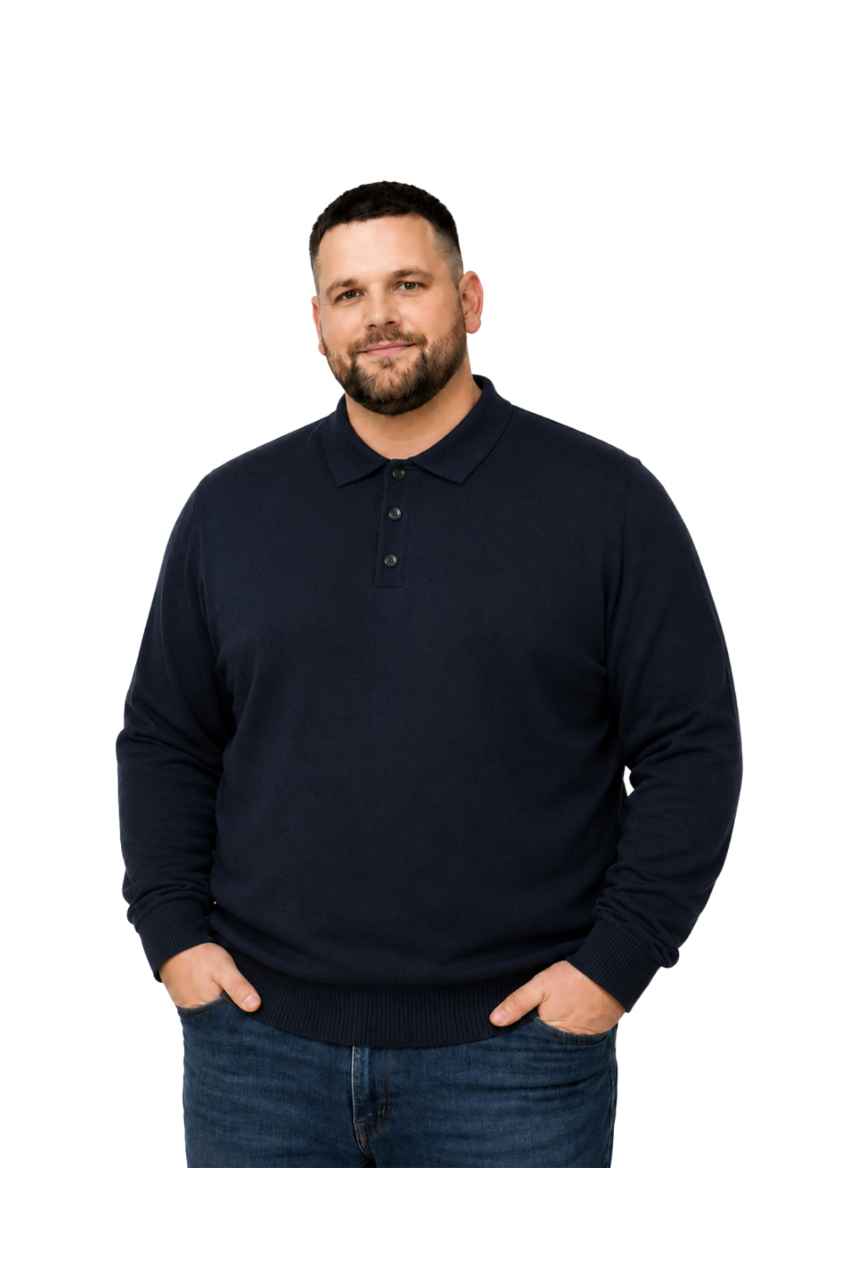 BattalModa Erkek Büyük Beden Lacivert Düğmeli Polo Yaka Triko Kazak 3XL-4XL-5XL-6XL