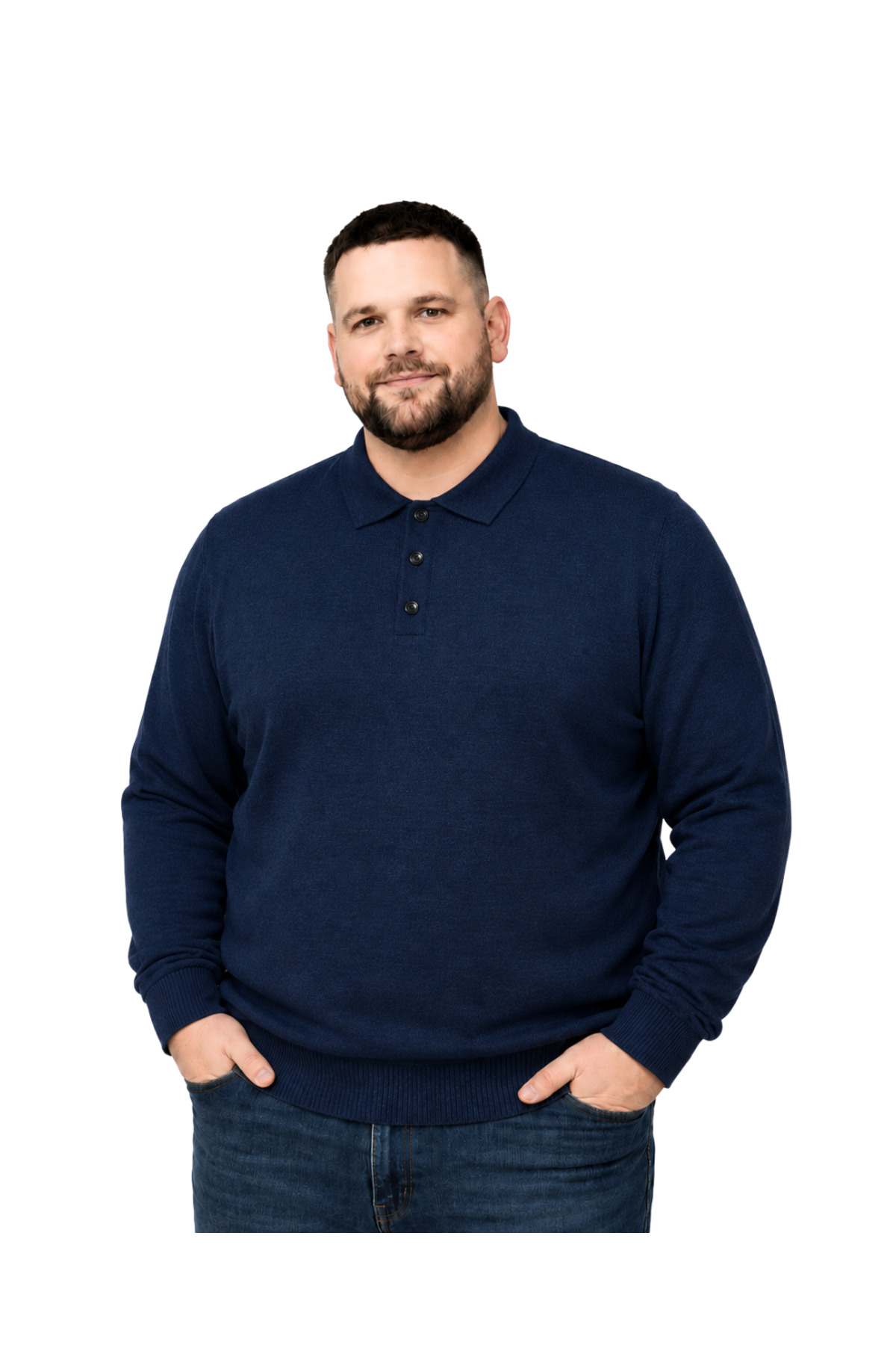 BattalModa Erkek Büyük Beden Melanj Lacivert Düğmeli Polo Yaka Triko Kazak 3XL-4XL-5XL-6XL