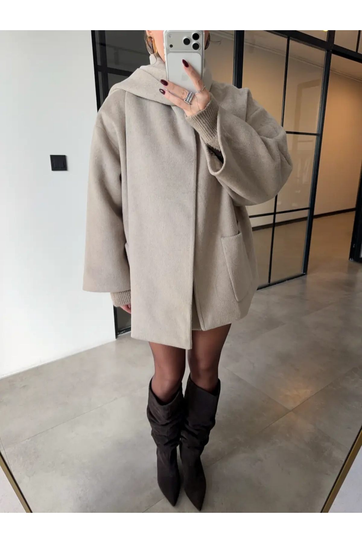 SHILSEE BEUTİQUE ŞAL DETAYLI PREMIUM OVERSIZE KAŞE CEKET BEJ görsel 2