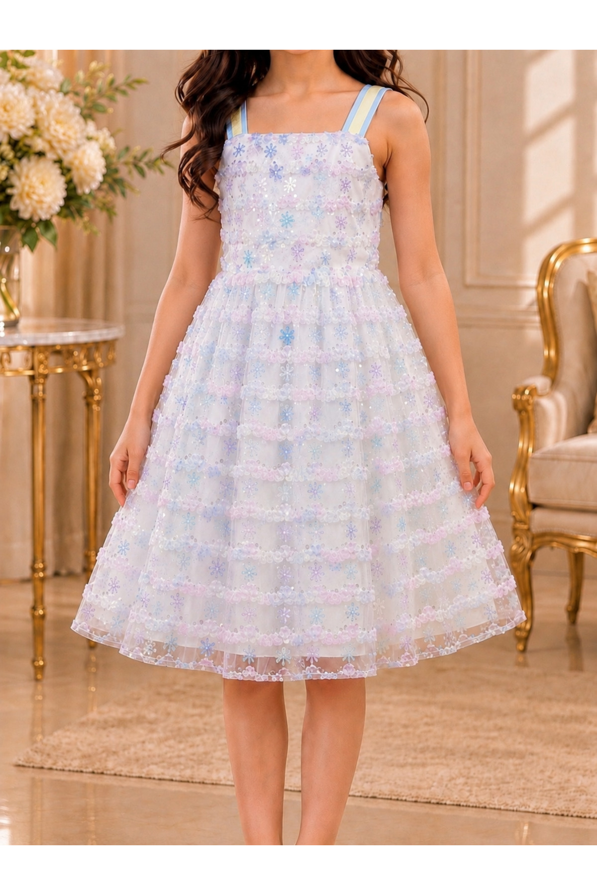 Girls' Dress Fluffy Sequin Flower Bow Back Dress