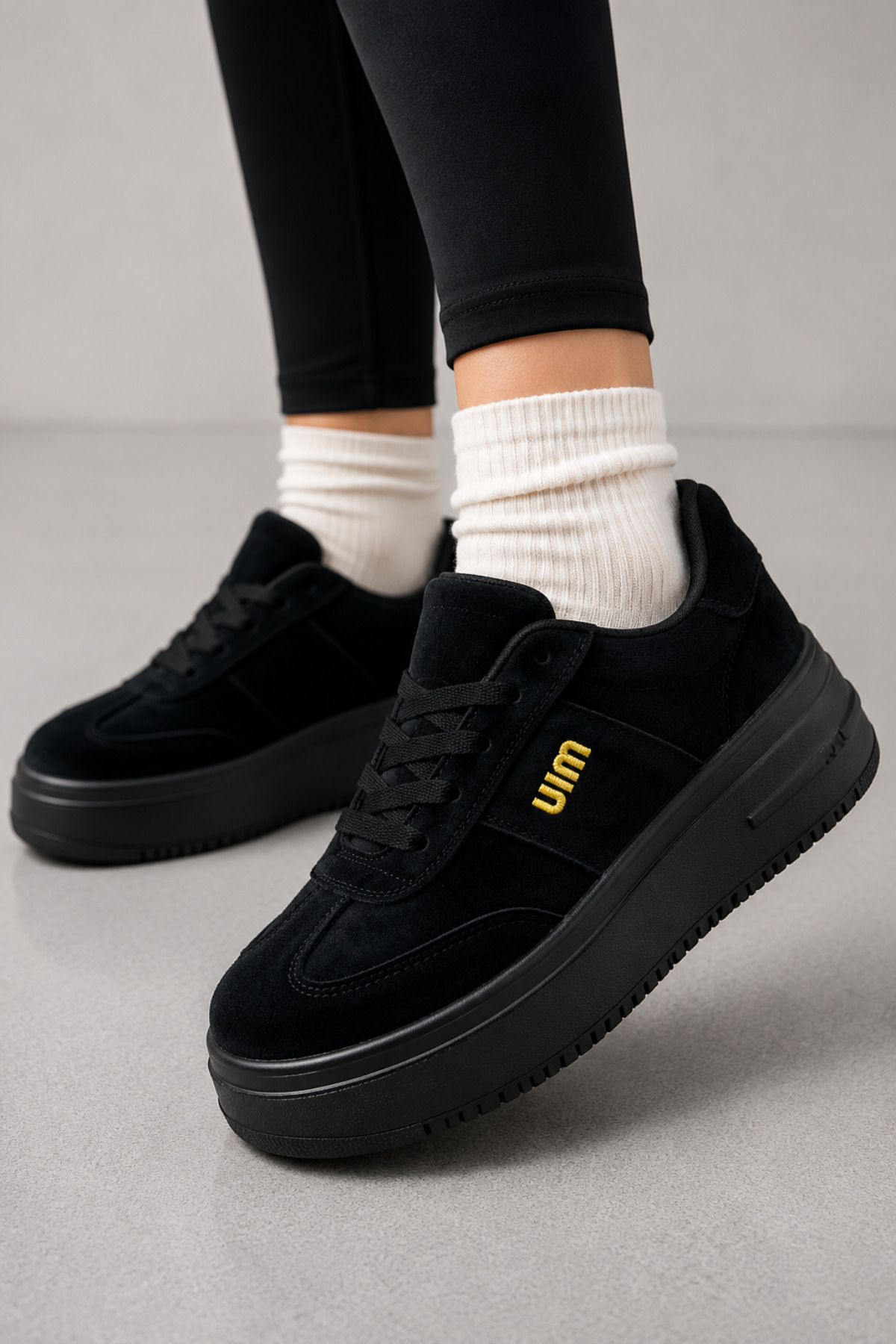 Encool Kadın Siyah Sneaker Günlük Spor Ayakkabı Kalın Yüksek Taban Rahat Bağcıklı Casual Ayakkabı