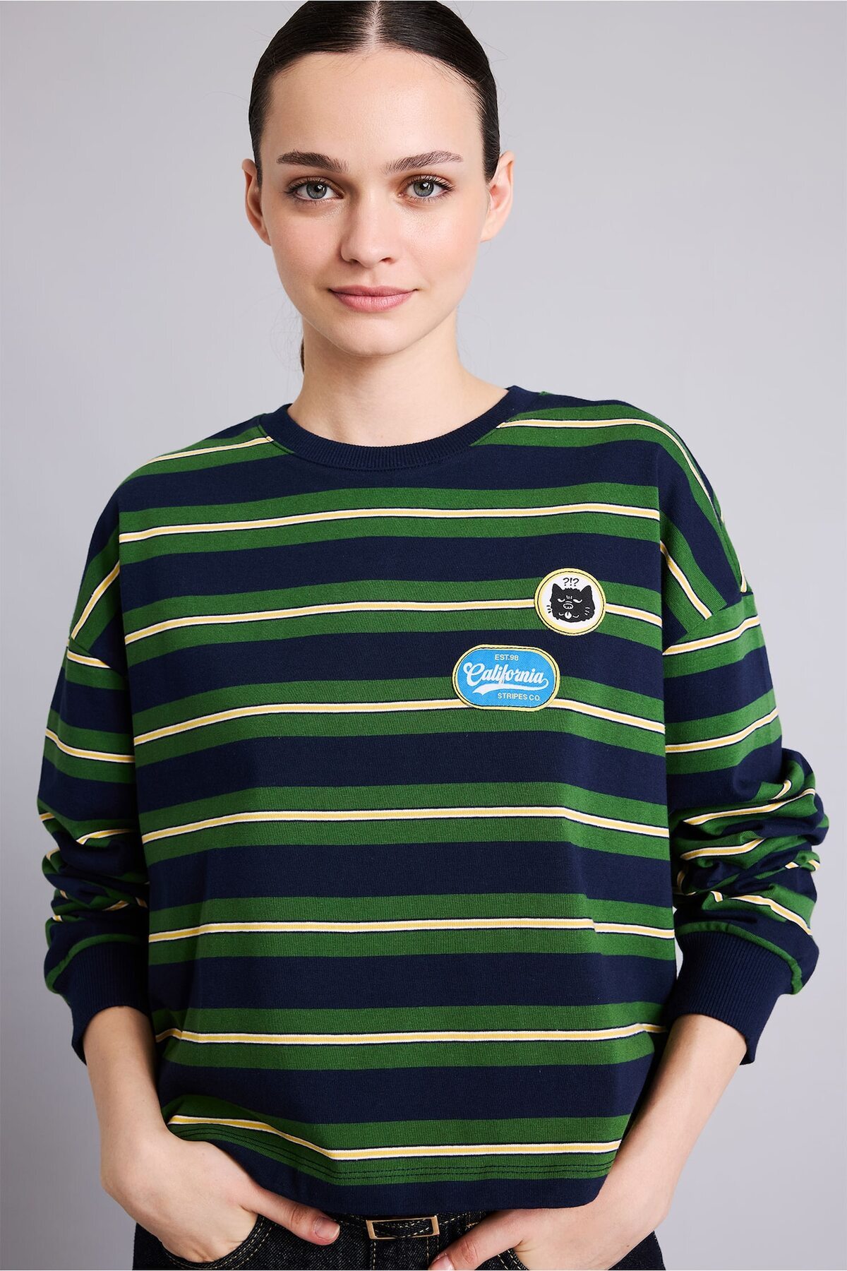 DeFacto %100 Pamuk Loose Fit Bisiklet Yaka Baskılı Çizgili Sweatshirt I2418AX26AU görsel 3