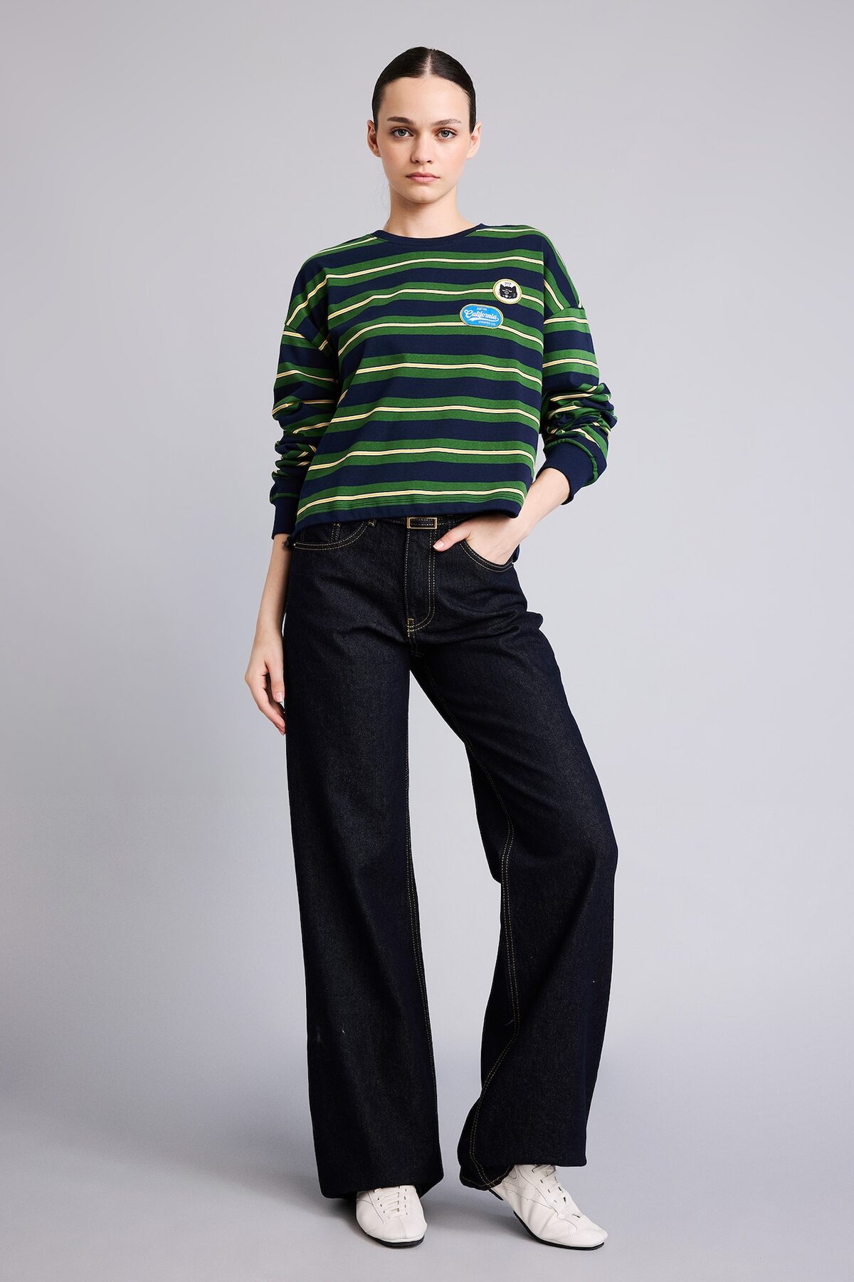 DeFacto %100 Pamuk Loose Fit Bisiklet Yaka Baskılı Çizgili Sweatshirt I2418AX26AU görsel 2