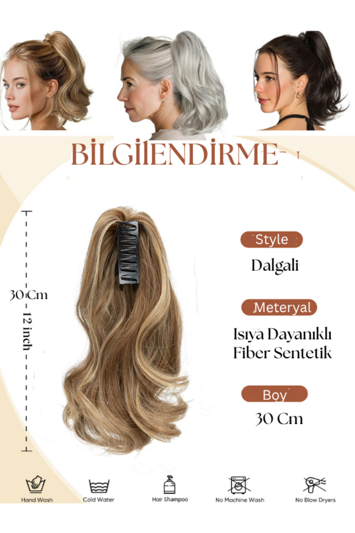YARAT Kehrıbar renklı kısa at kuyruğu peruk topuz, Dalgalı 30 cm 80 gr görsel 5