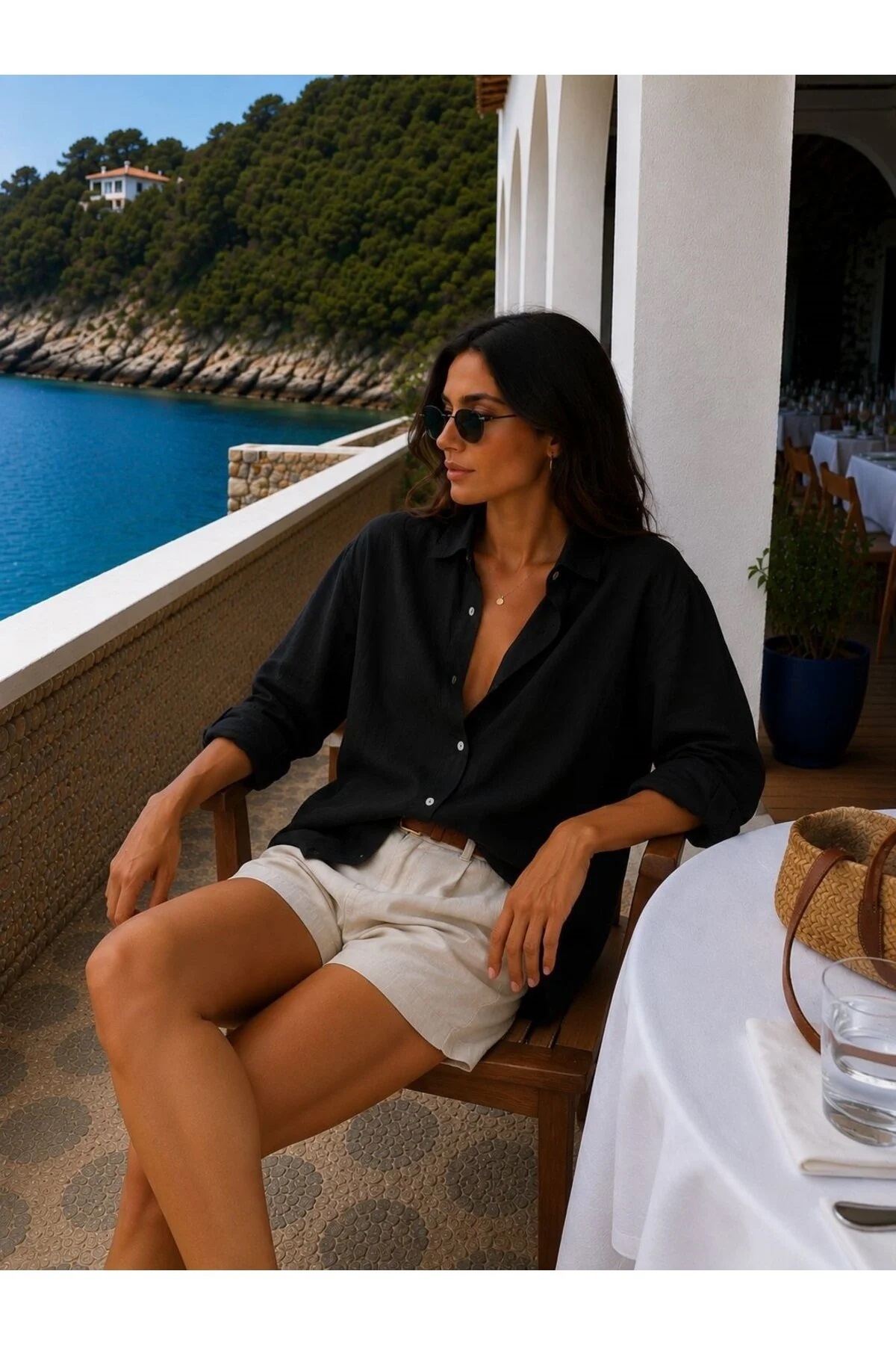 SERAZAT Kadın Pamuklu Keten Gömlek Rahat Kalıp Yazlık Gömlek görsel 2
