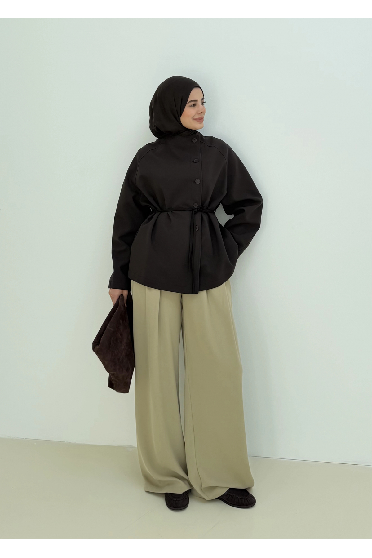 MODA AKSA 7788 BAĞCIKLI DİK YK CEKET KAHVE görsel 3