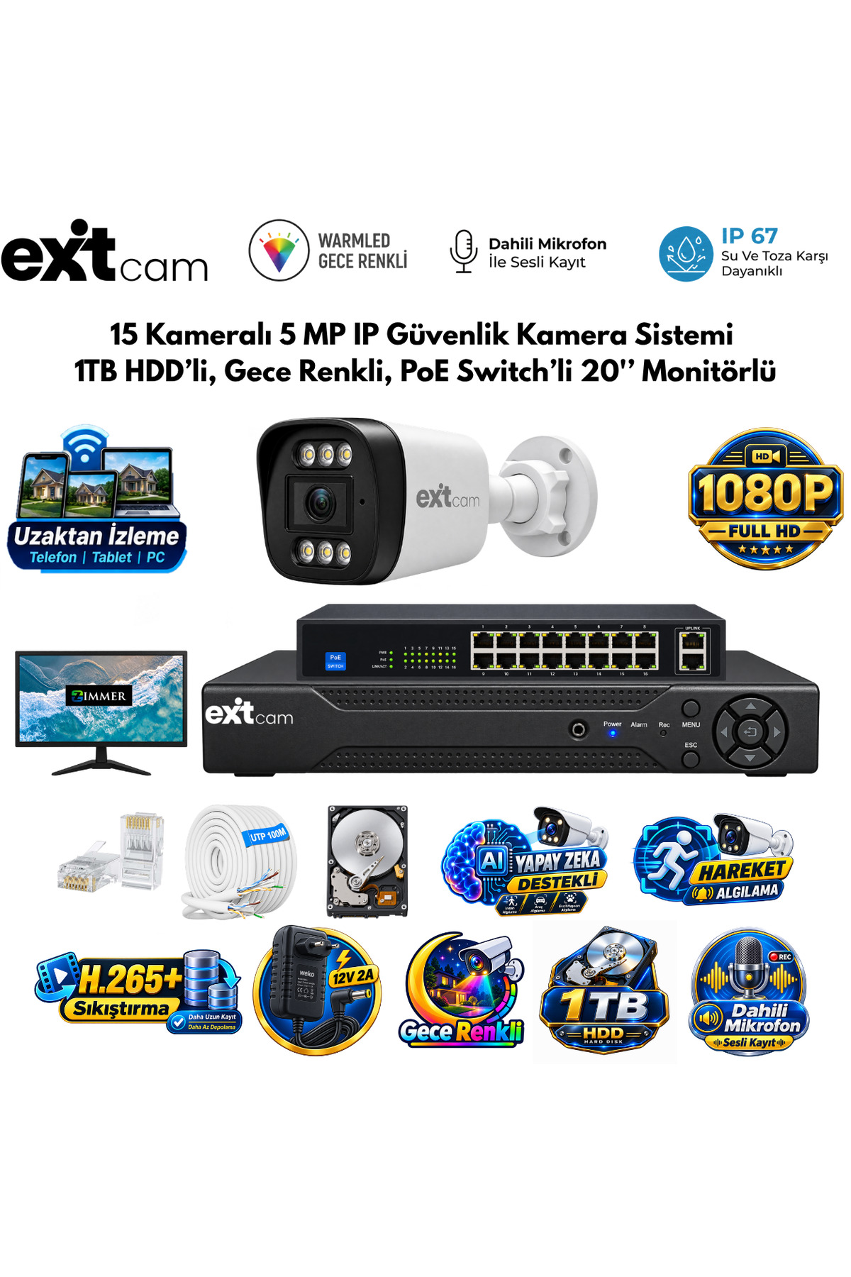 ExitCam 15 Kameralı 5 MP IP PoE Güvenlik Kamera Sistemi – 20 İnç Monitör, 1 TB HDD, 300 Metre Kablo,