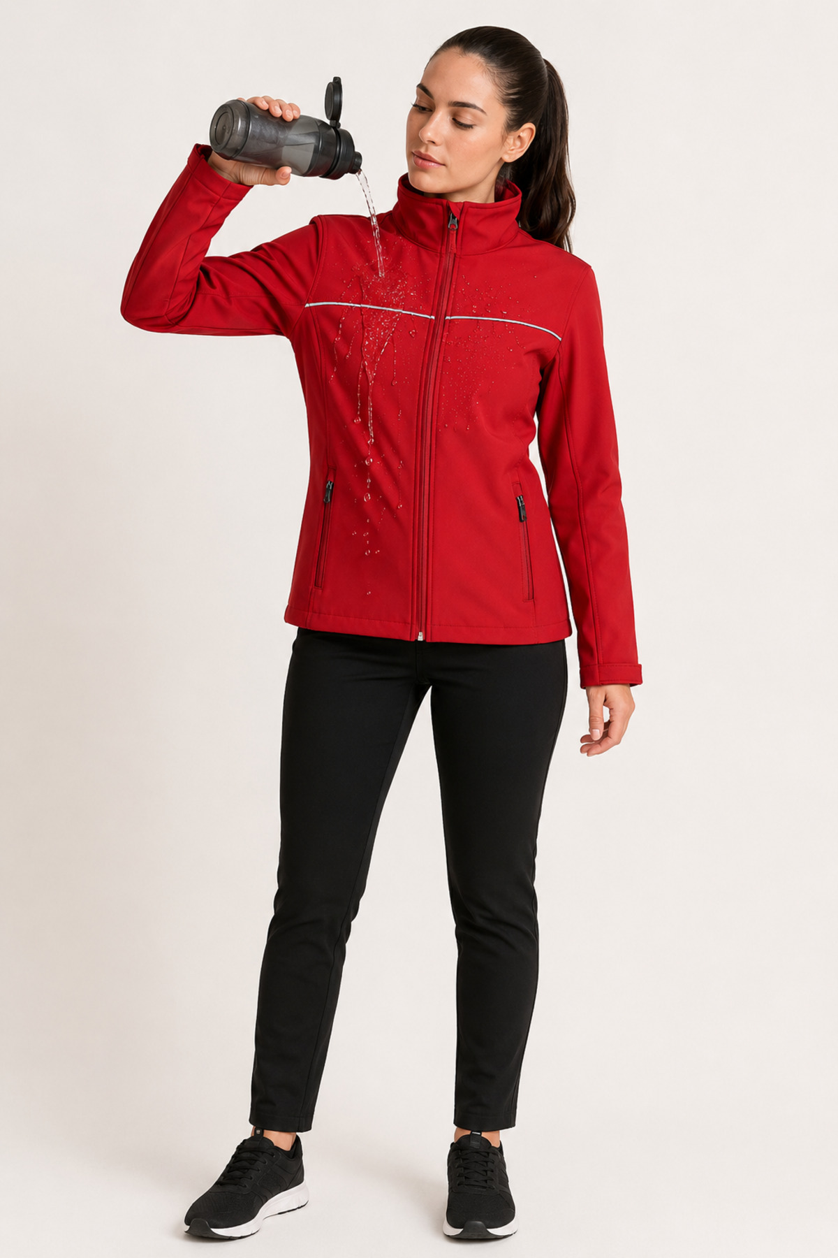 Unisex Kırmızı Reflektör Şeritli Su İtici Softshell Mont Fermuarlı Cepli Kırmızı