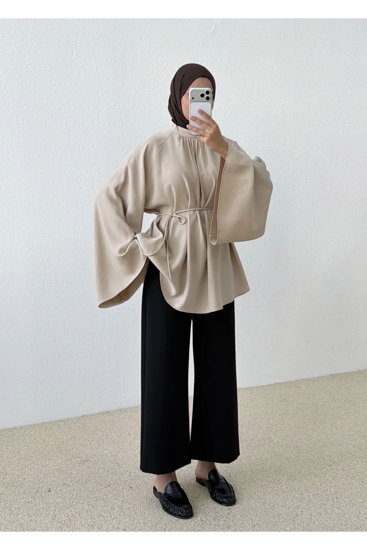 MODA AKSA Geniş Kol Vintage Gömlek Bej görsel 4