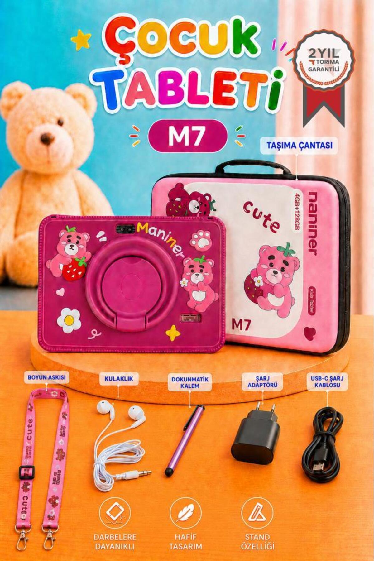 Torima Maniner Eğitici Tablet 4 GB 128 GB Kılıf Hediyeli Çocuk Tableti M7 Vişne Rengi