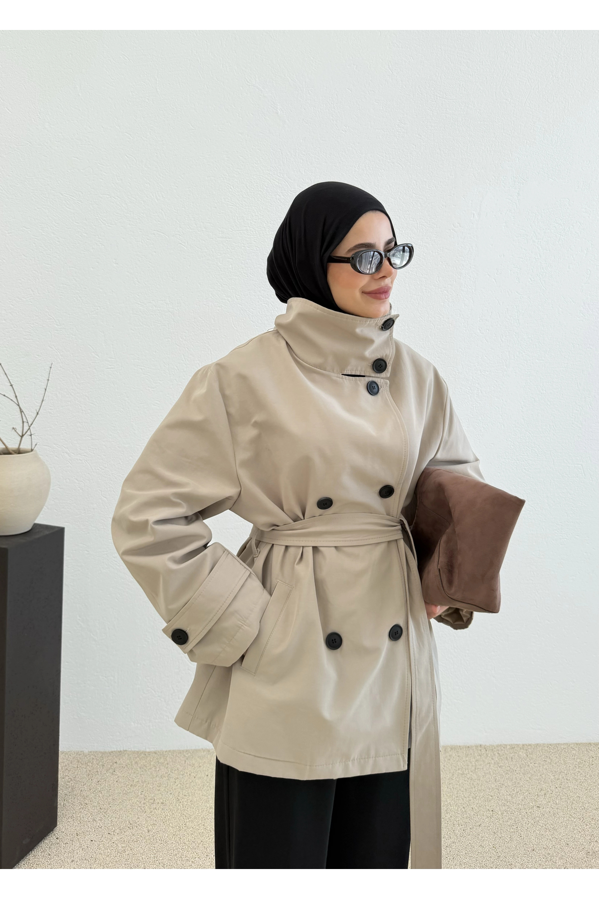 MODA AKSA 2093 Coton Mevsimlik Dik Yaka Trenç Taş