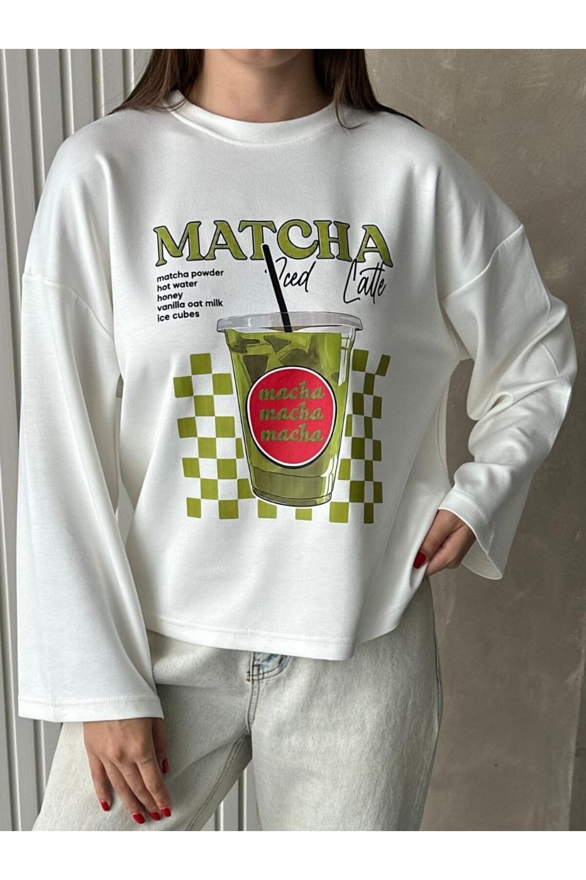 ZF BUTİK Matcha Baskılı Tesettüre Uygun Uzun Kollu Pamuklu Bluz\T-Shirt görsel 4