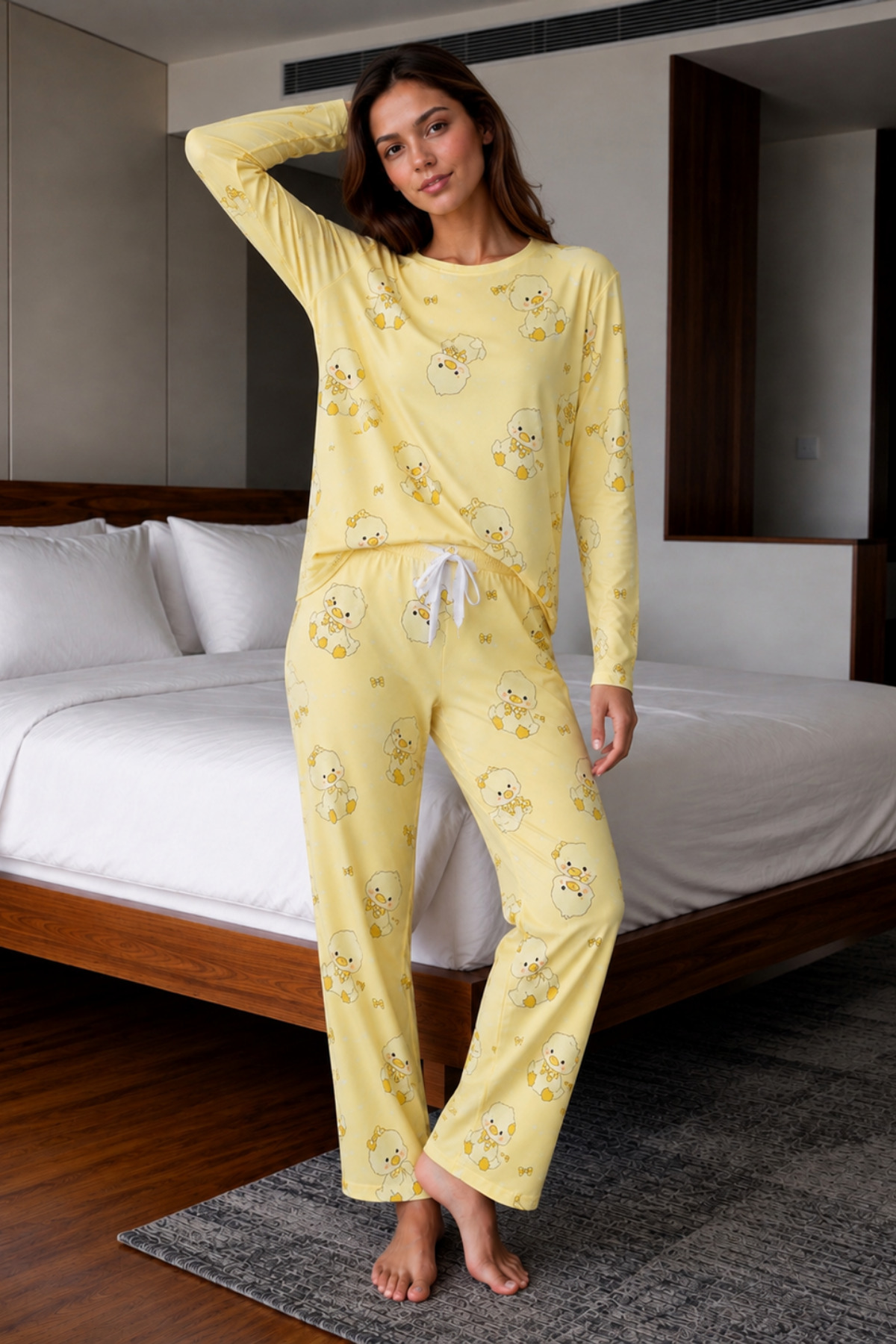 Fanwet Sarı Civciv Desenli Milan Kumaş Uzun Kollu Pijama Takımı görsel 6