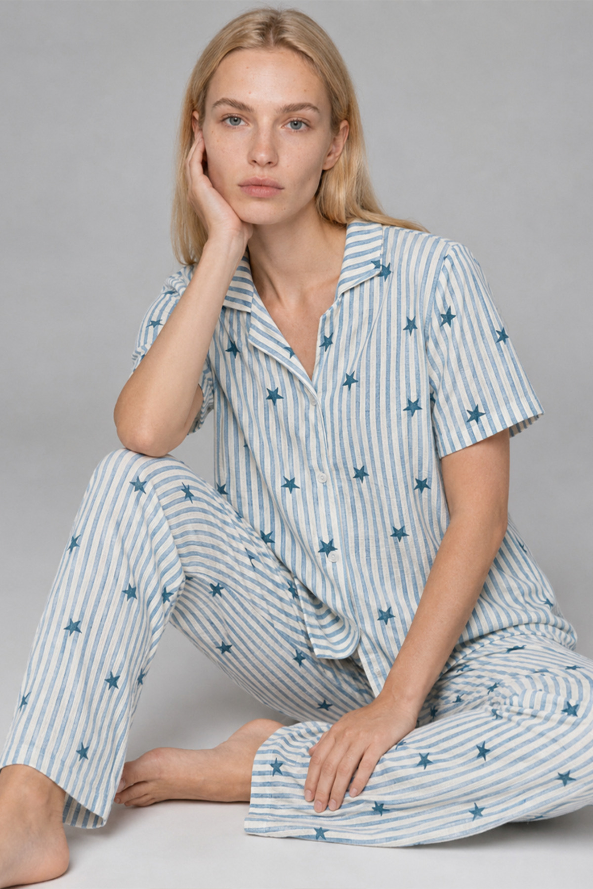 FİT WOMEN Kadın Kısa Kollu Rahat Mavi Pijama Takımı 4728 görsel 3