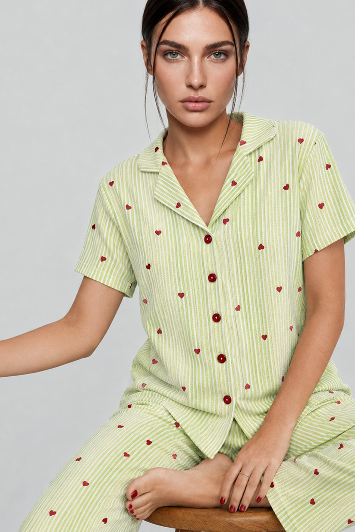 FİT WOMEN Kadın Kısa Kollu Rahat Yeşil Pijama Takımı 4732 görsel 3