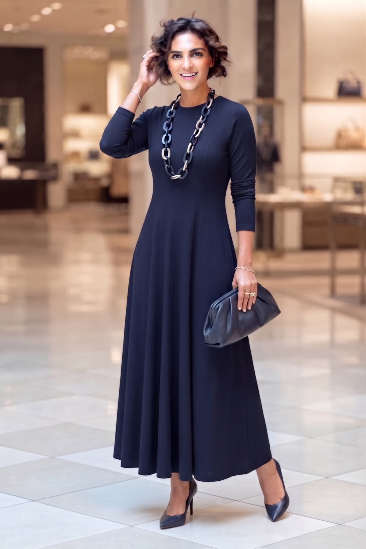 Nevin Kaya Moda Lacivert Piliseli Modal Kumaş Elbise