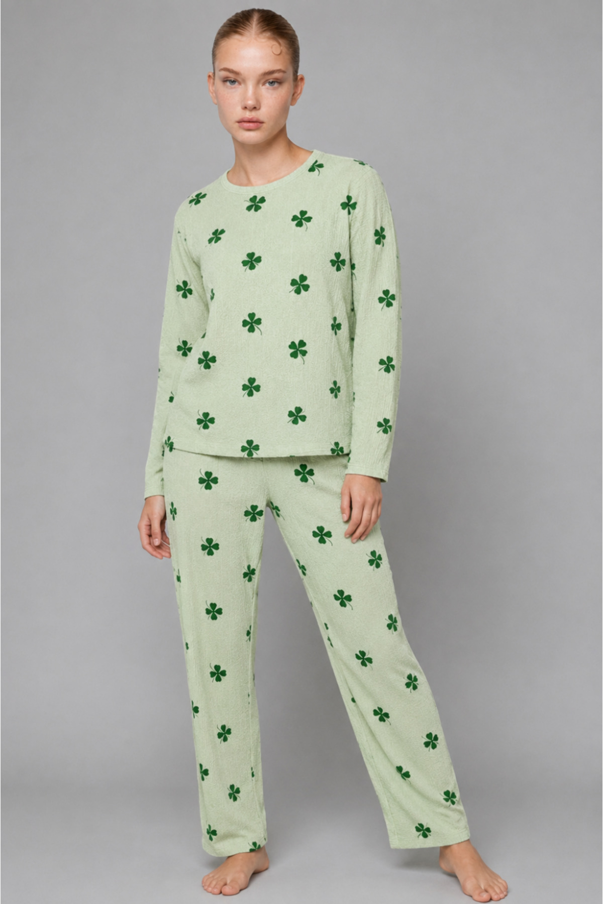 FİT WOMEN Kadın Bol Paça Relaxed Yeşil Pijama Takımı 4700 görsel 5