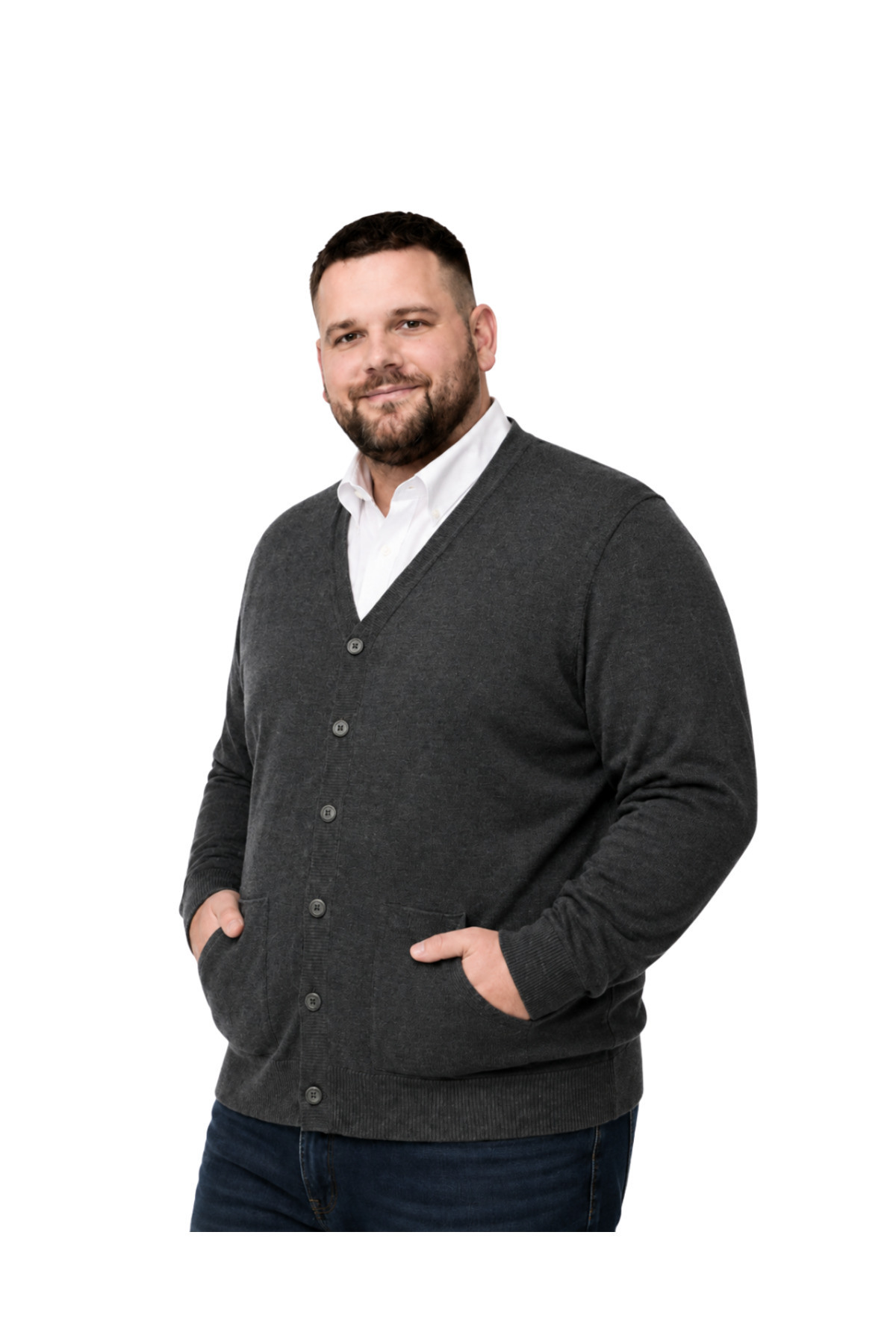 BattalModa Erkek Büyük Beden Antrasit Cepli Düğmeli Triko Hırka 3XL-4XL-5XL-6XL görsel 2