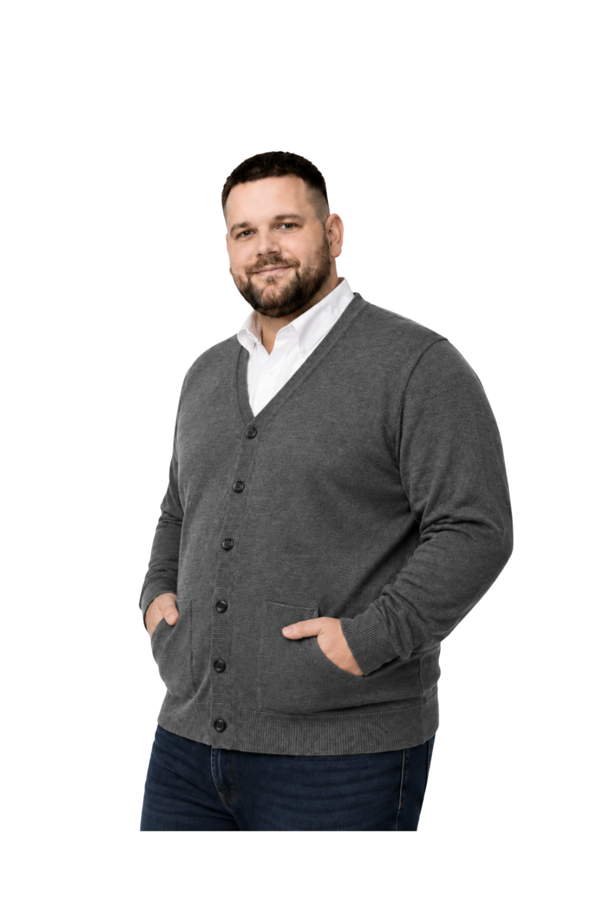 BattalModa Erkek Büyük Beden Füme Cepli Düğmeli Triko Hırka 3XL-4XL-5XL-6XL görsel 2