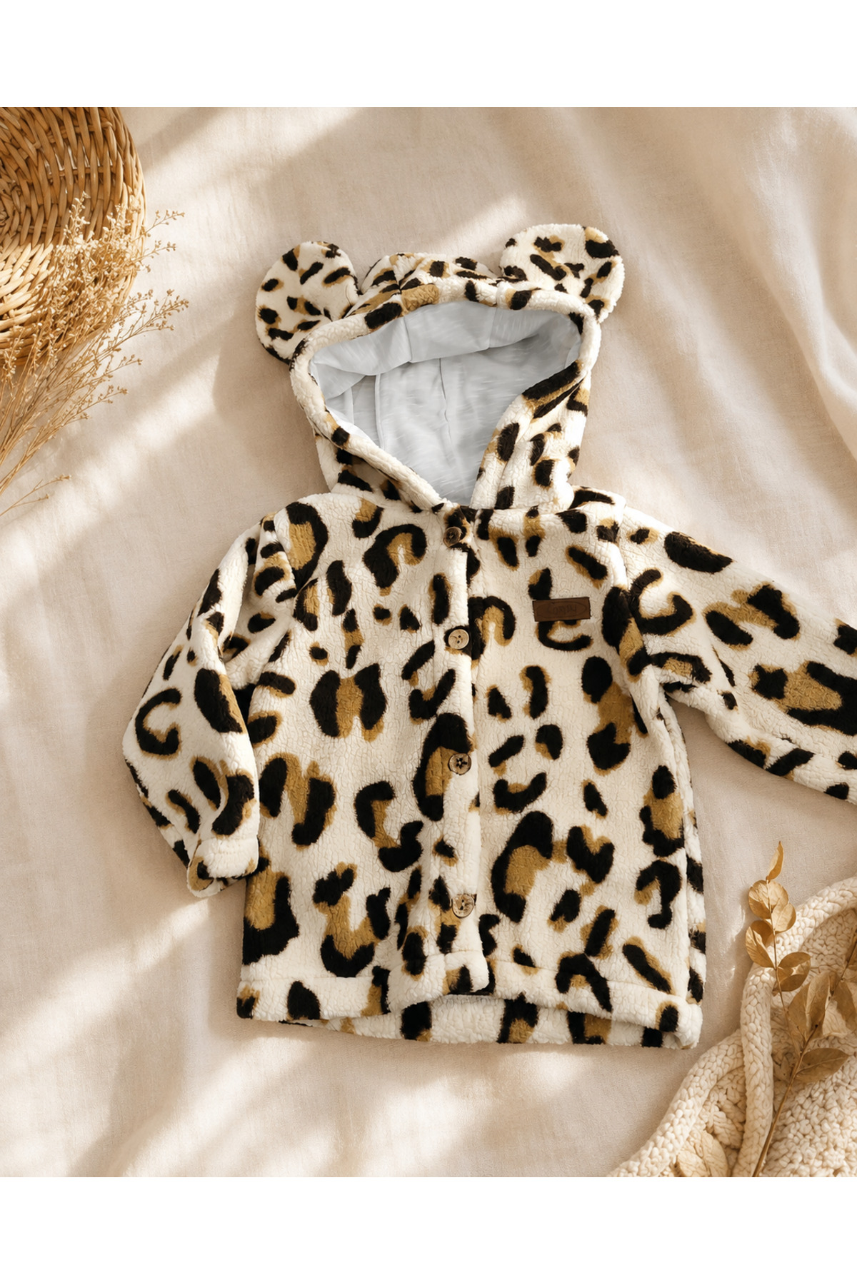 Leopar Desenli Kapüşonlu Peluş Kız Çocuk Mont
