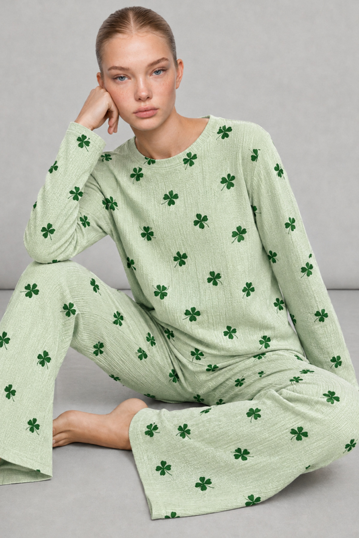 FİT WOMEN Kadın Bol Paça Relaxed Yeşil Pijama Takımı 4700 görsel 4