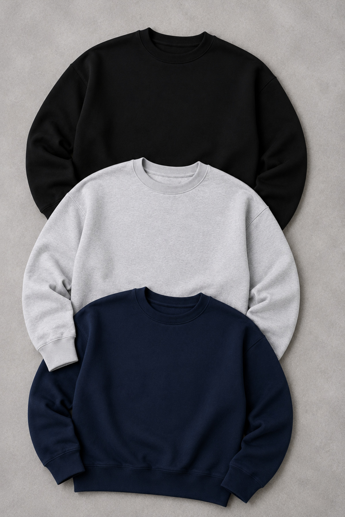 Revasser Unisex Kadın/Erkek 3'lü Özel Renkli Pamuklu Oversize Bisiklet Yaka Sweatshirt