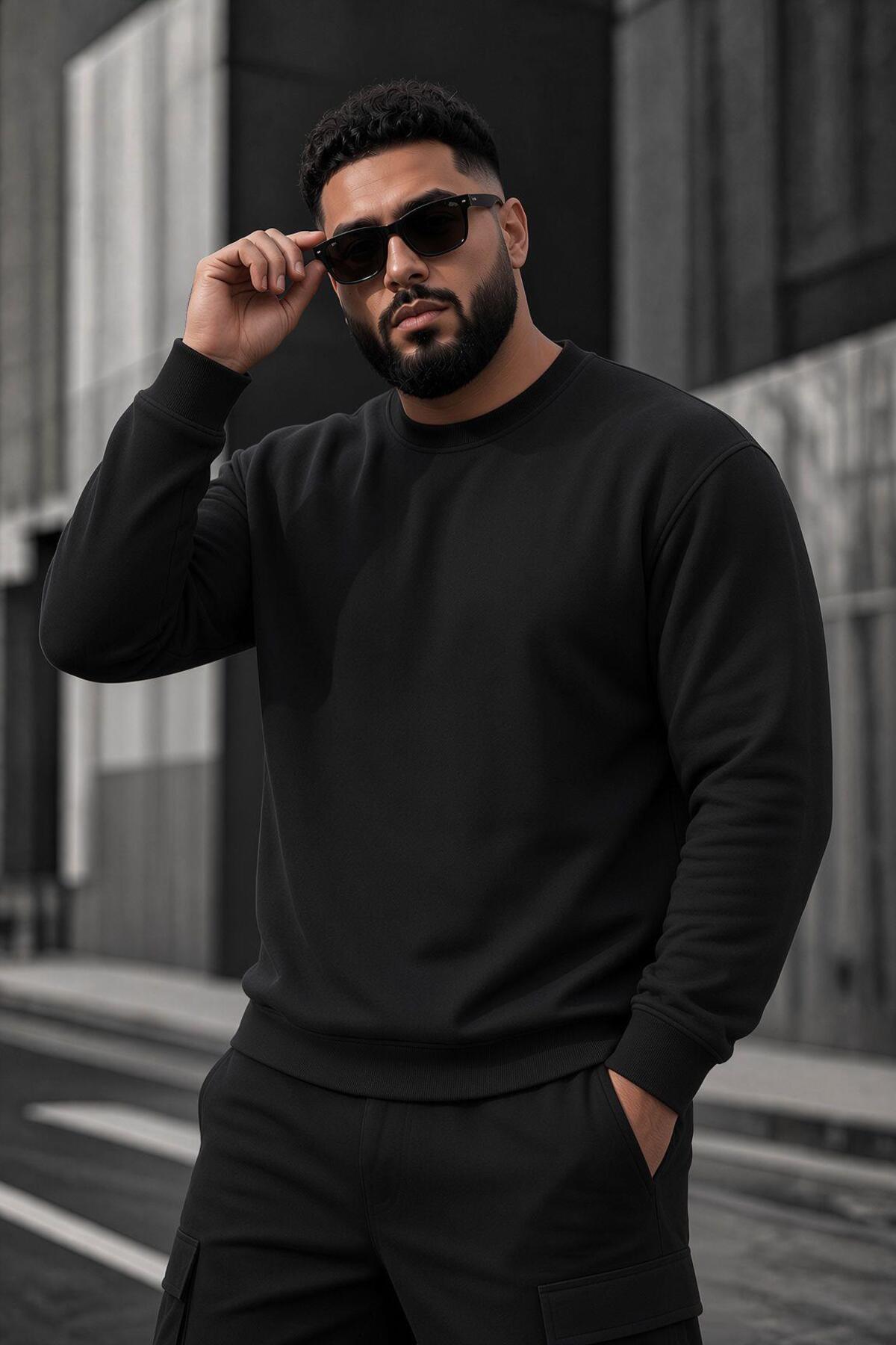 Oksit John Erkek İki İpli Şardonlu Düz Renk Günlük Battal Büyük Beden Bisiklet Yaka Sweatshirt görsel 2