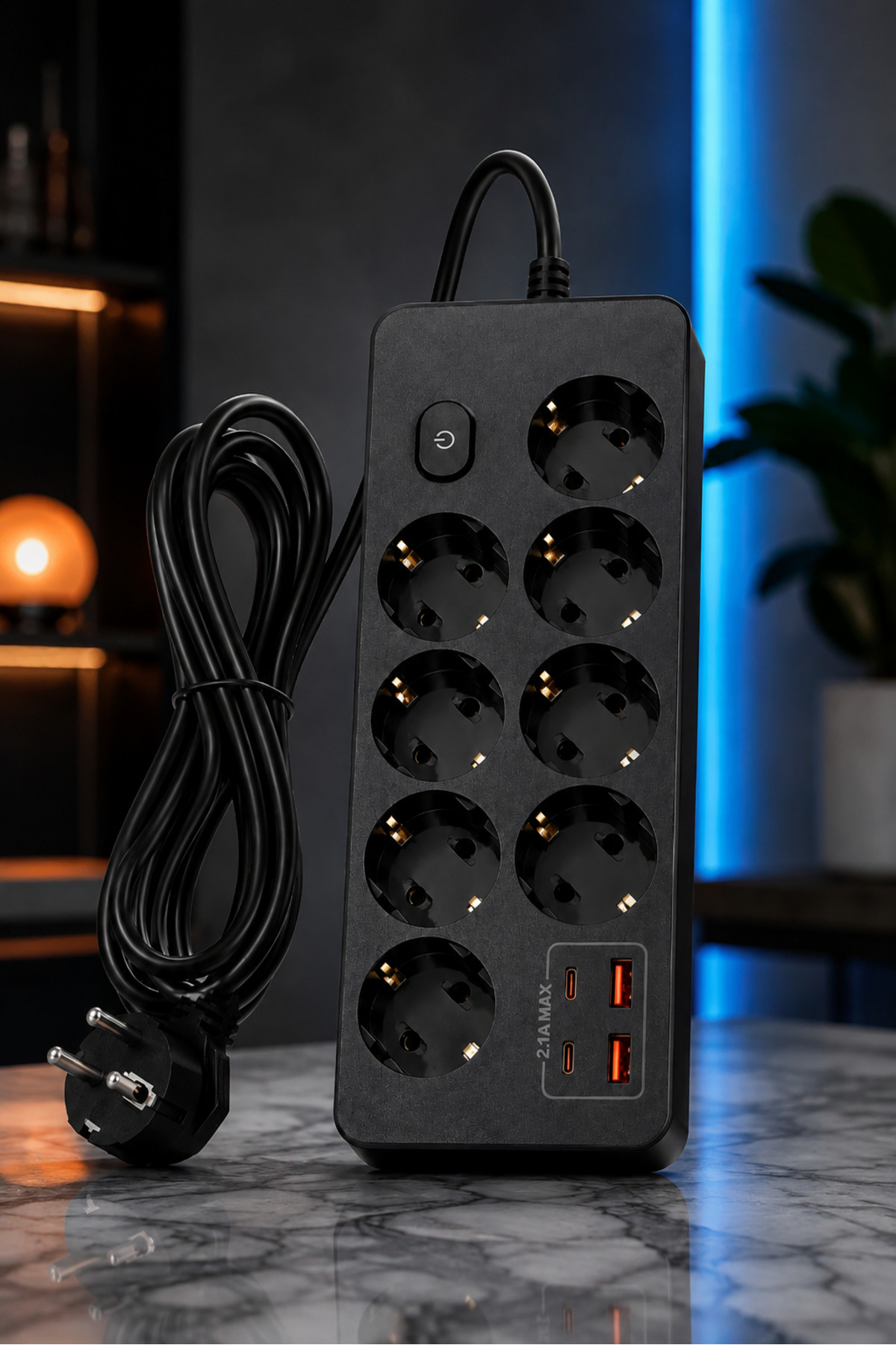 MEGAMUS PRO-EU03 8'li Akım Korumalı Çoklu Priz – 2 USB-C + 2 USB-A