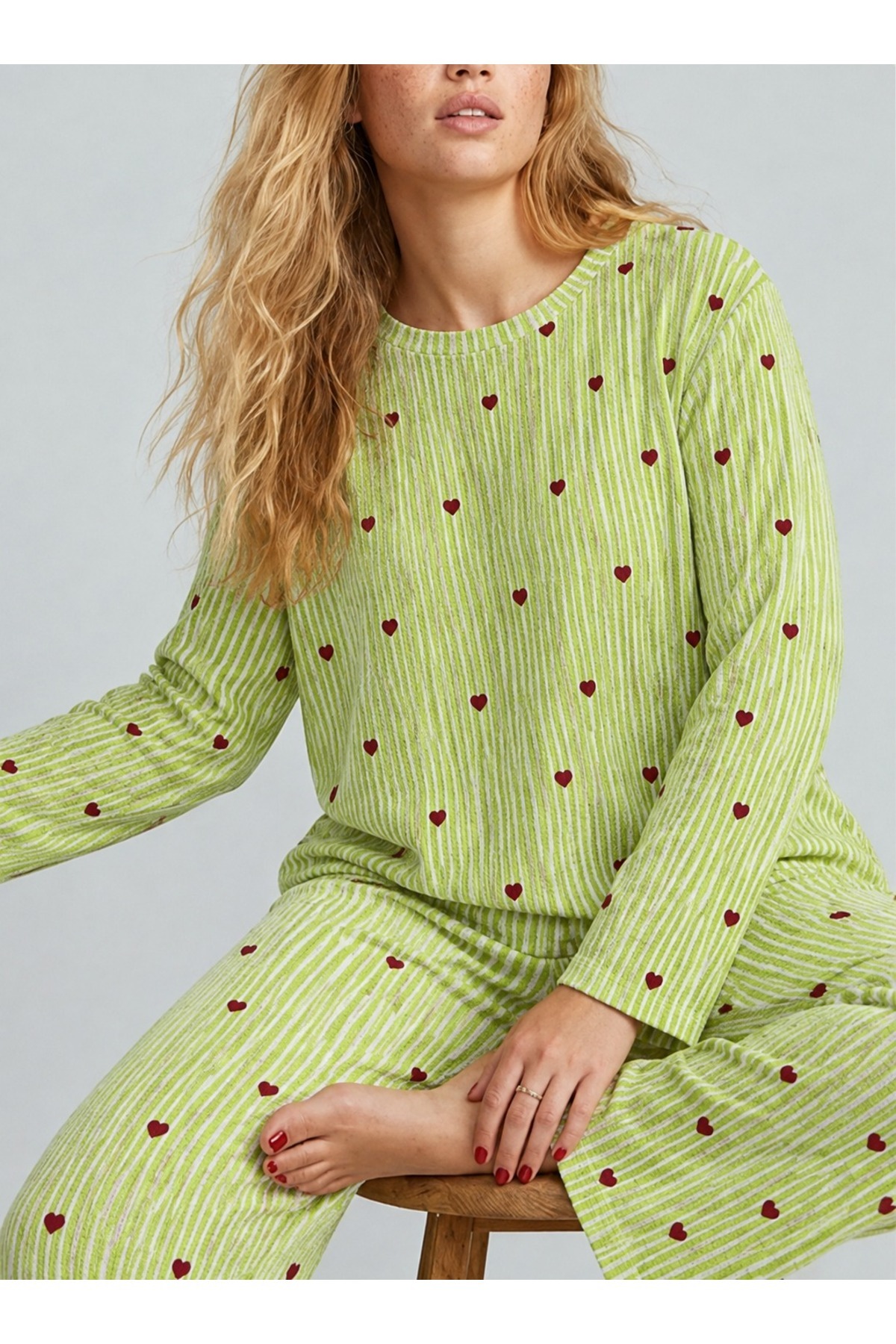 FİT WOMEN Kadın Çizgili Kalp Desenli Uzun Yeşil Pijama Takımı görsel 5