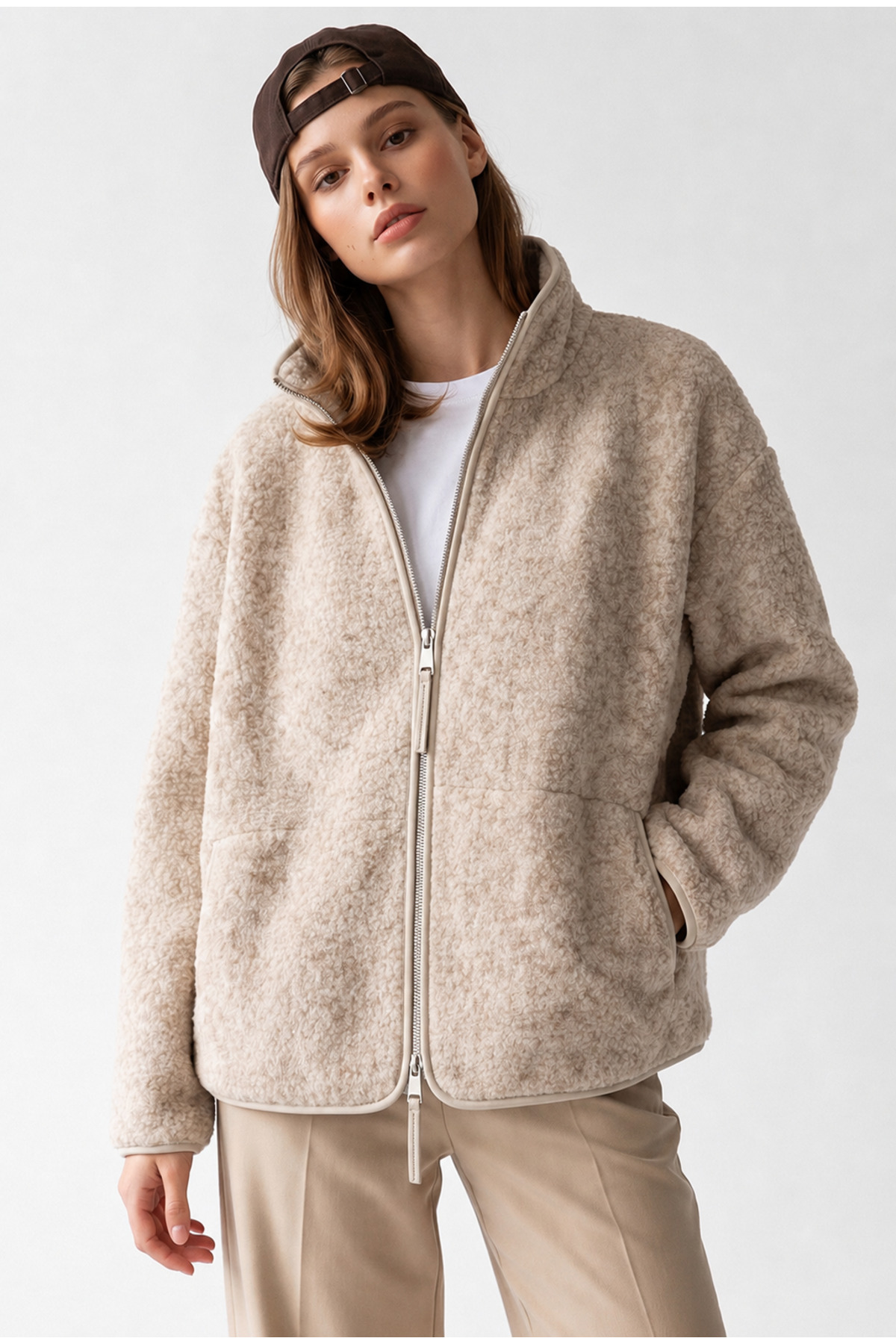 Mixray 4984 Kadın Fermuarlı Önden Cepli Yumuşak Dokulu Dik Yaka Polar Sweatshirt Naturel görsel 3