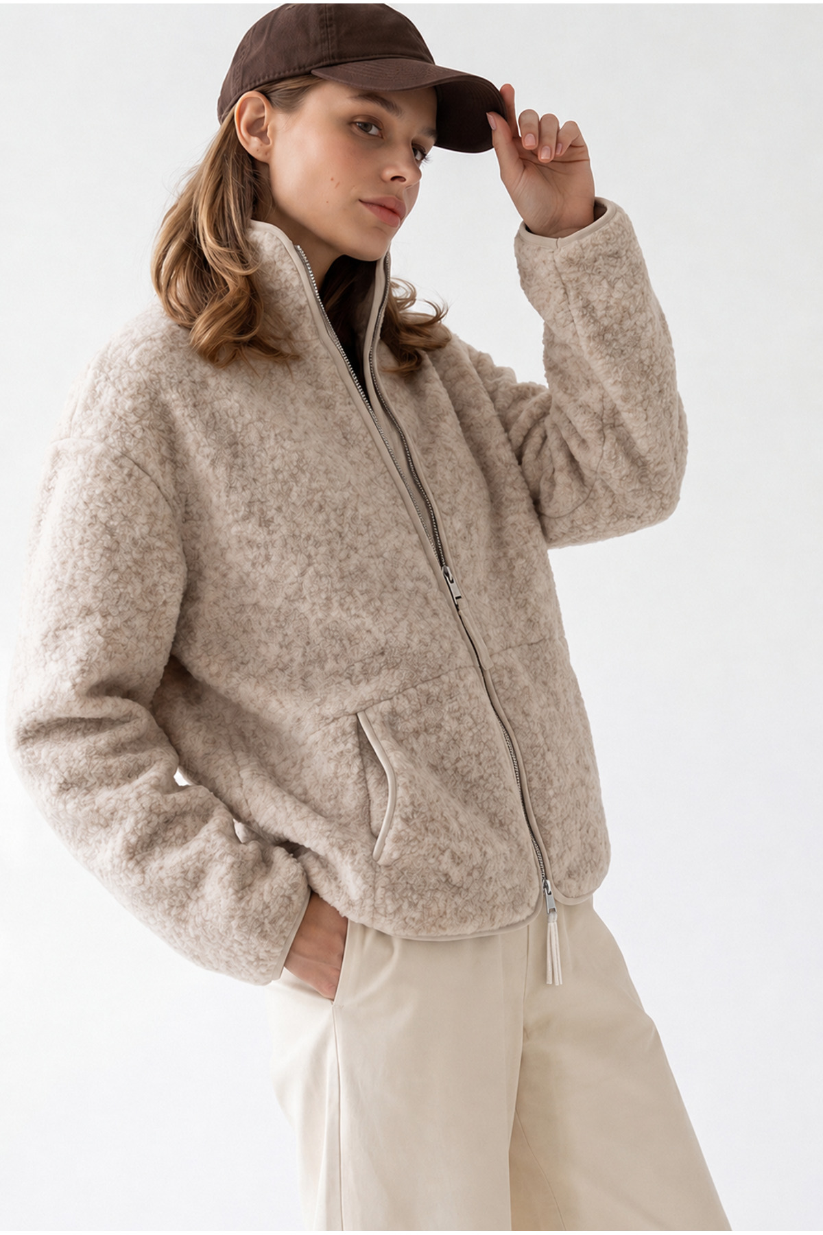 Mixray 4984 Kadın Fermuarlı Önden Cepli Yumuşak Dokulu Dik Yaka Polar Sweatshirt Naturel