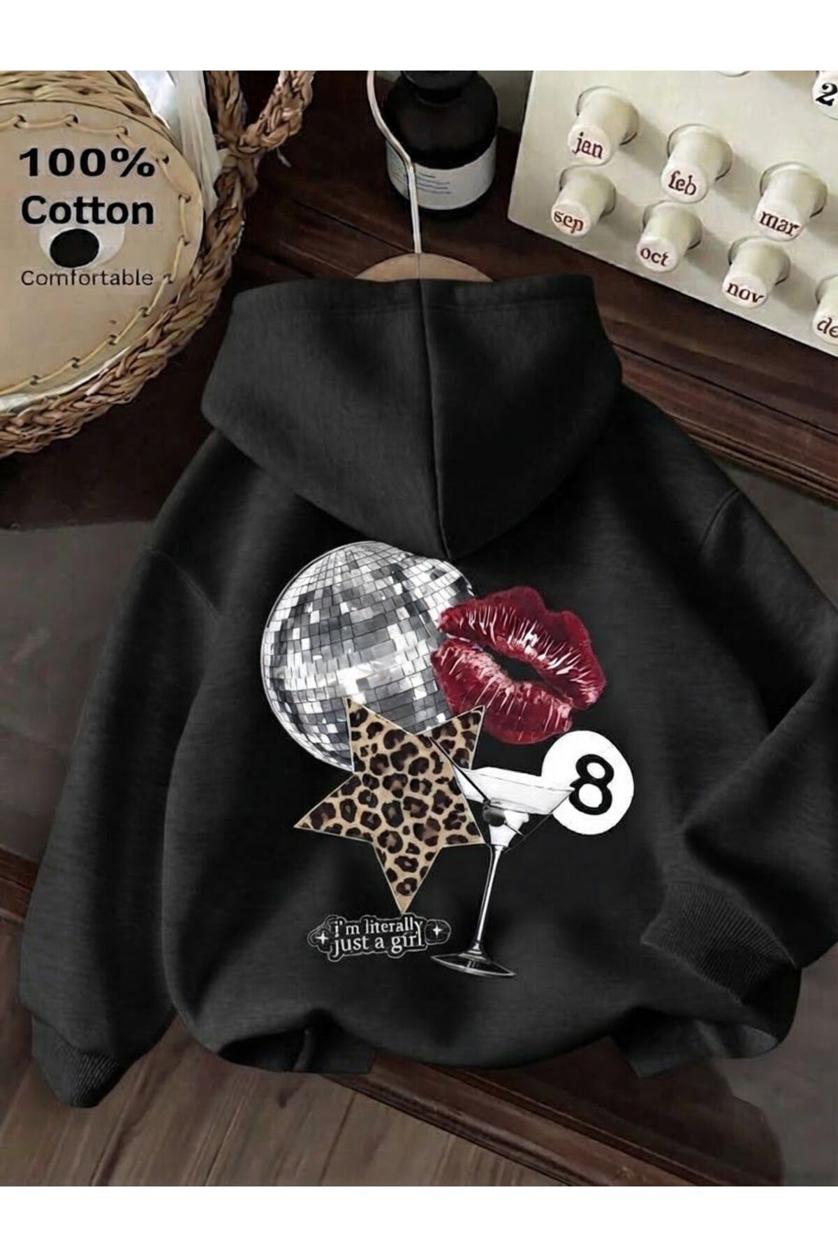 I'M LİTERALLY JUST A GIRL 8 LEOPAR YILDIZ DUDAK VE DİSCO TOP BASKILI KAPÜŞONLU SWEATSHIRTT — مشکی buse disco sweat