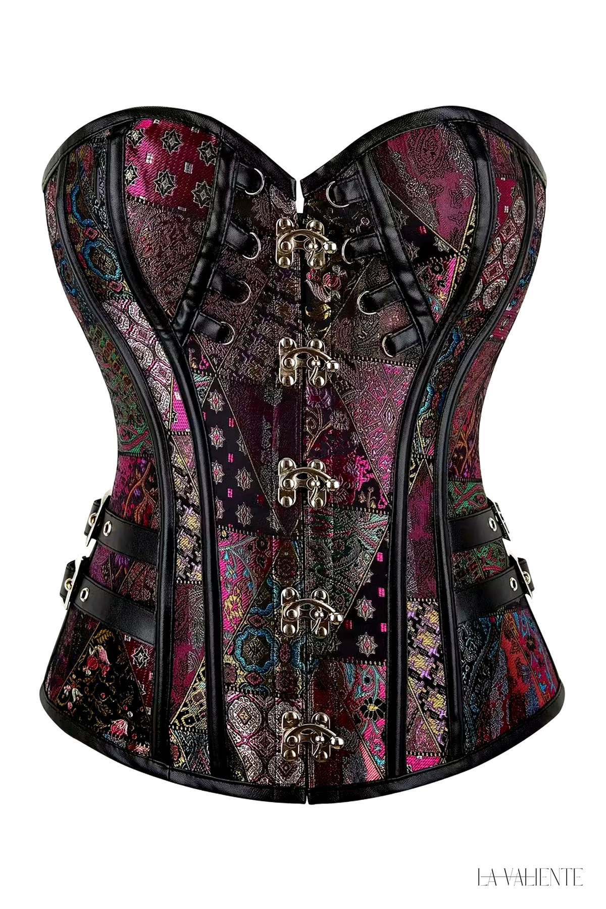 LA VALİENTE Premium - Bordo Kadın Etnik Desenli Metal Tokalı Vintage Korse Büstiyer