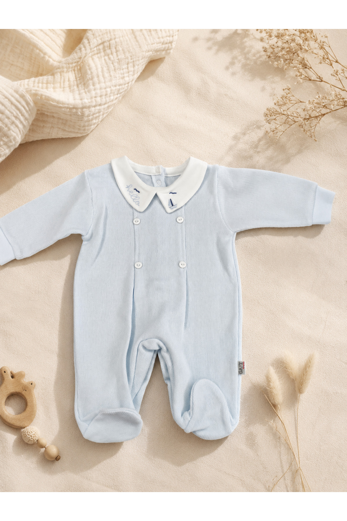 Nakışlı Bebe Yakalı Triko Bebek Tulum