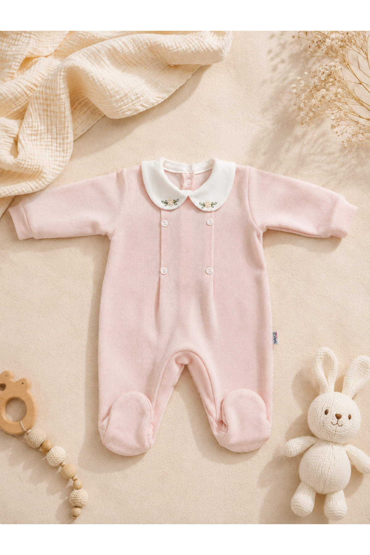 Nakışlı Bebe Yakalı Triko Bebek Tulum