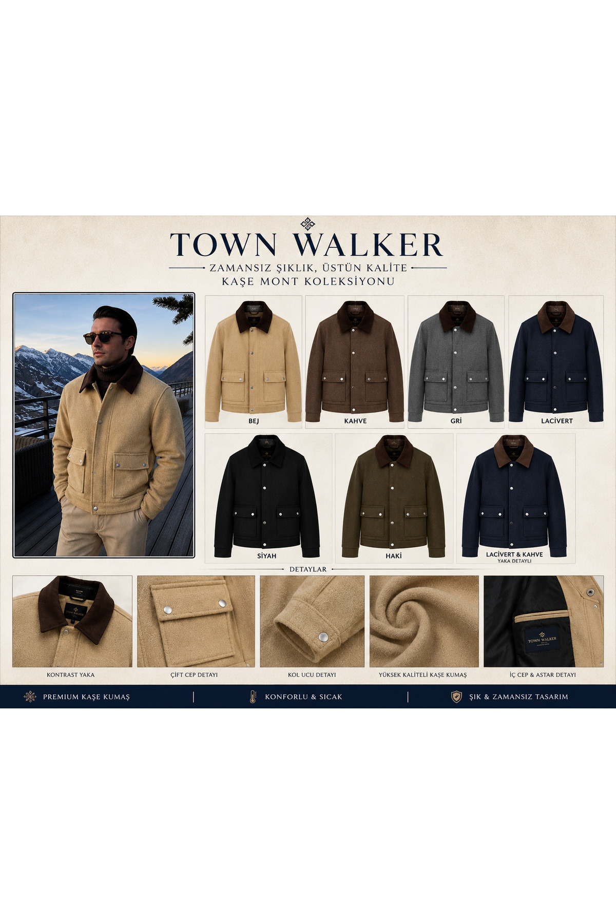 town walker Erkek Modern Kalıp Klasik Kaşe Mont görsel 3