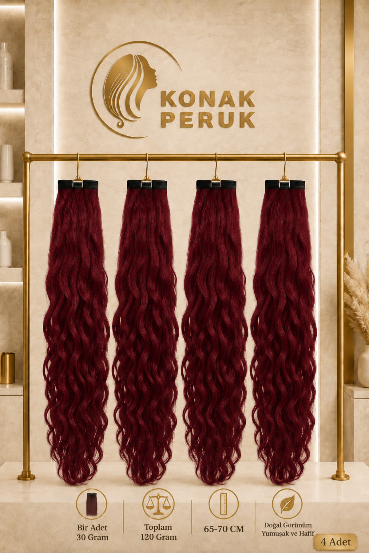 KONAK PERUK Fiber Sentetik Uzun Afro Dalgalı 4 Parça Çıt Çıt - Kızıl