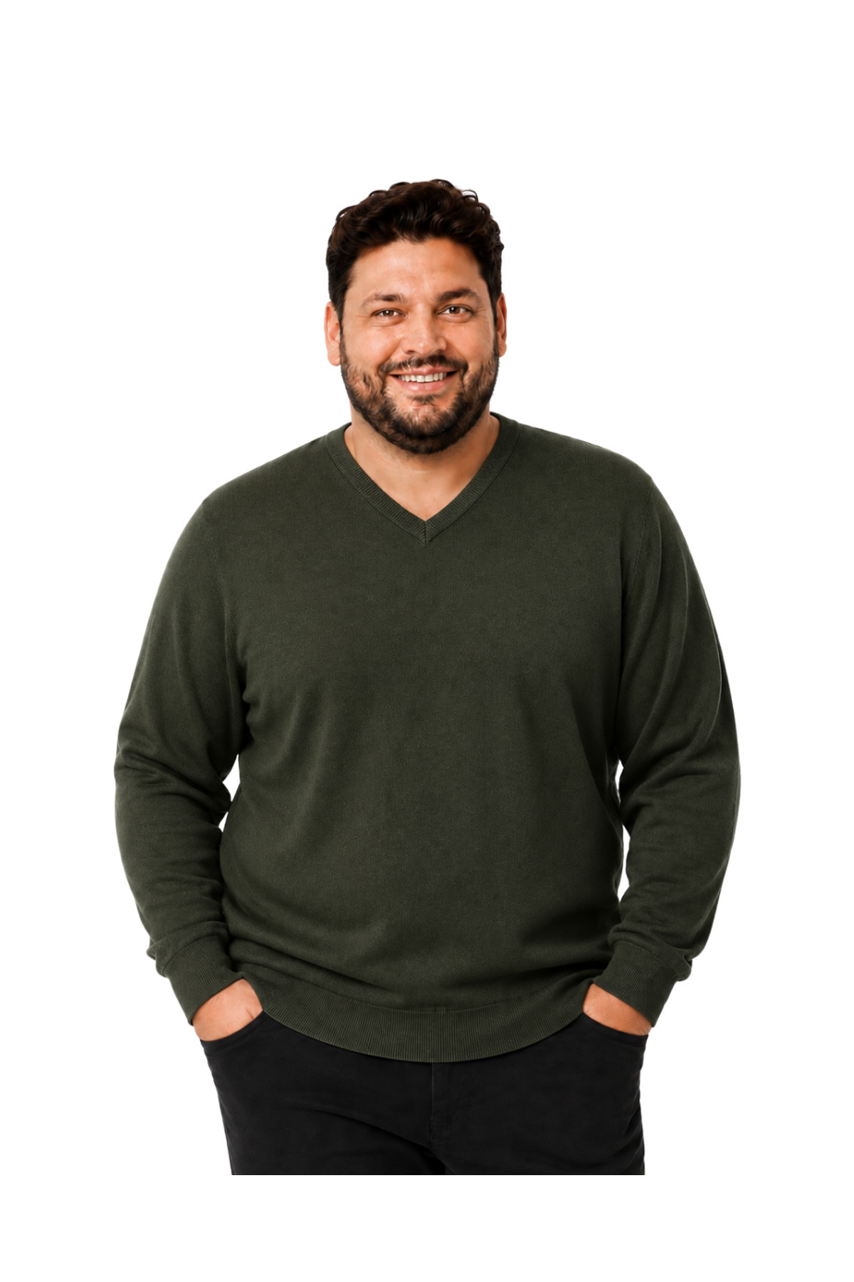 BattalModa Erkek Büyük Beden Haki V Yaka Pamuklu Kazak 3XL-4XL-5XL-6XL