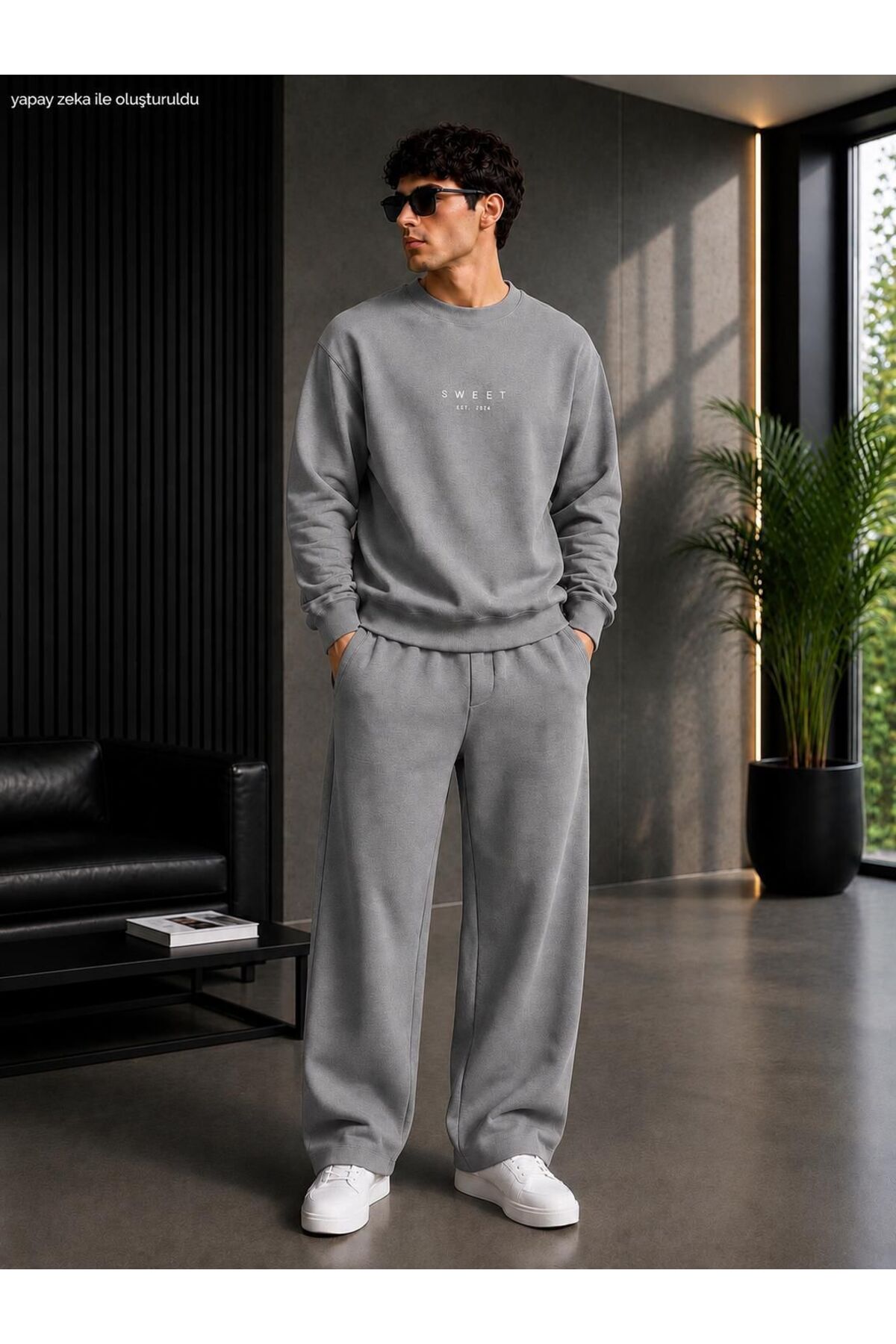 Erkek Sweet Minimal Tipografi Baskılı Bisiklet Yaka Regular Fit Erkek Eşofman Takımı /Düz Paça Alt — خاکستری CKTK04091