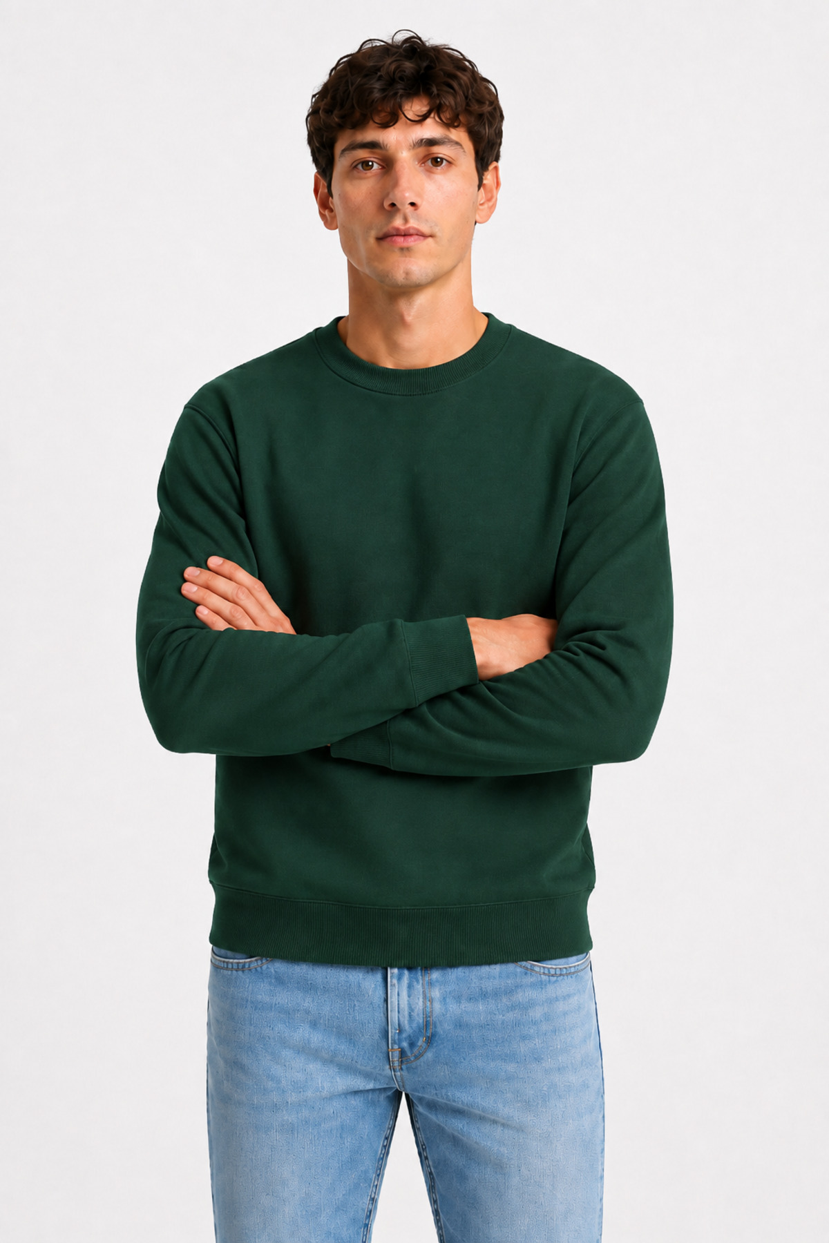 Unisex Koyu Yeşil Bisiklet Yaka Basic Sweatshirt – Uzun Kollu Rahat Kalıp Yeşil · Fotoğraf 2