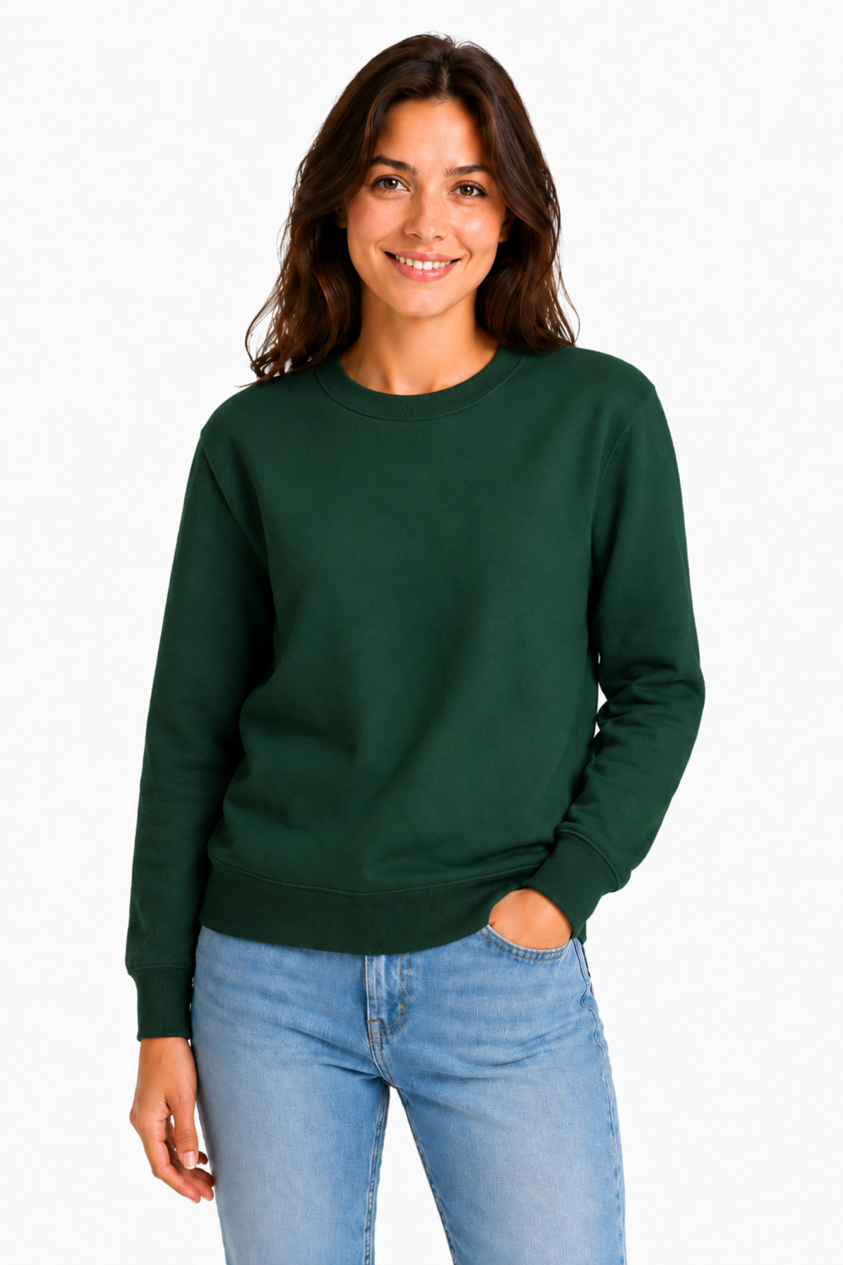 Unisex Koyu Yeşil Bisiklet Yaka Basic Sweatshirt – Uzun Kollu Rahat Kalıp Yeşil