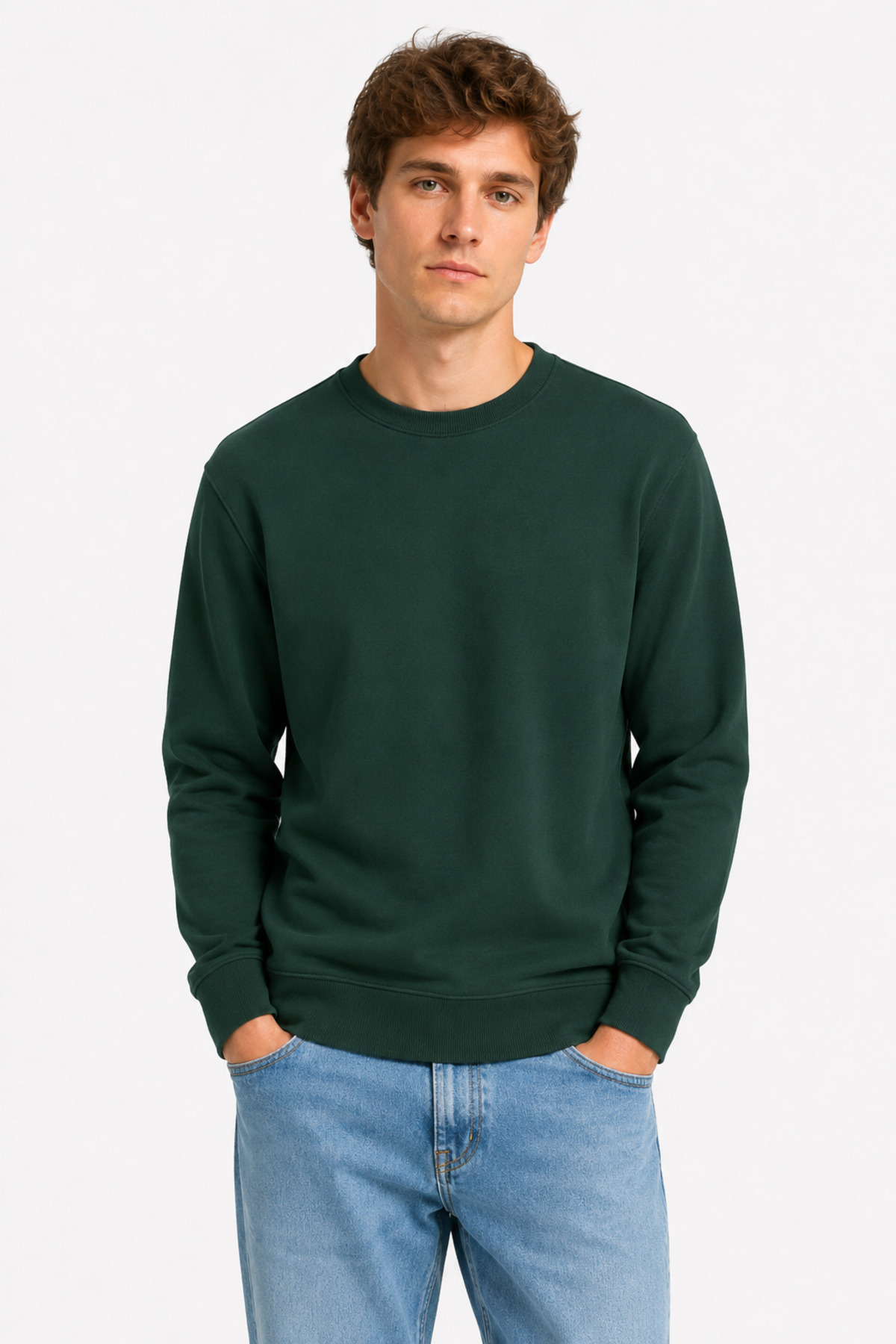 Unisex Koyu Yeşil Bisiklet Yaka Basic Sweatshirt – Uzun Kollu Rahat Kalıp Yeşil · Fotoğraf 4