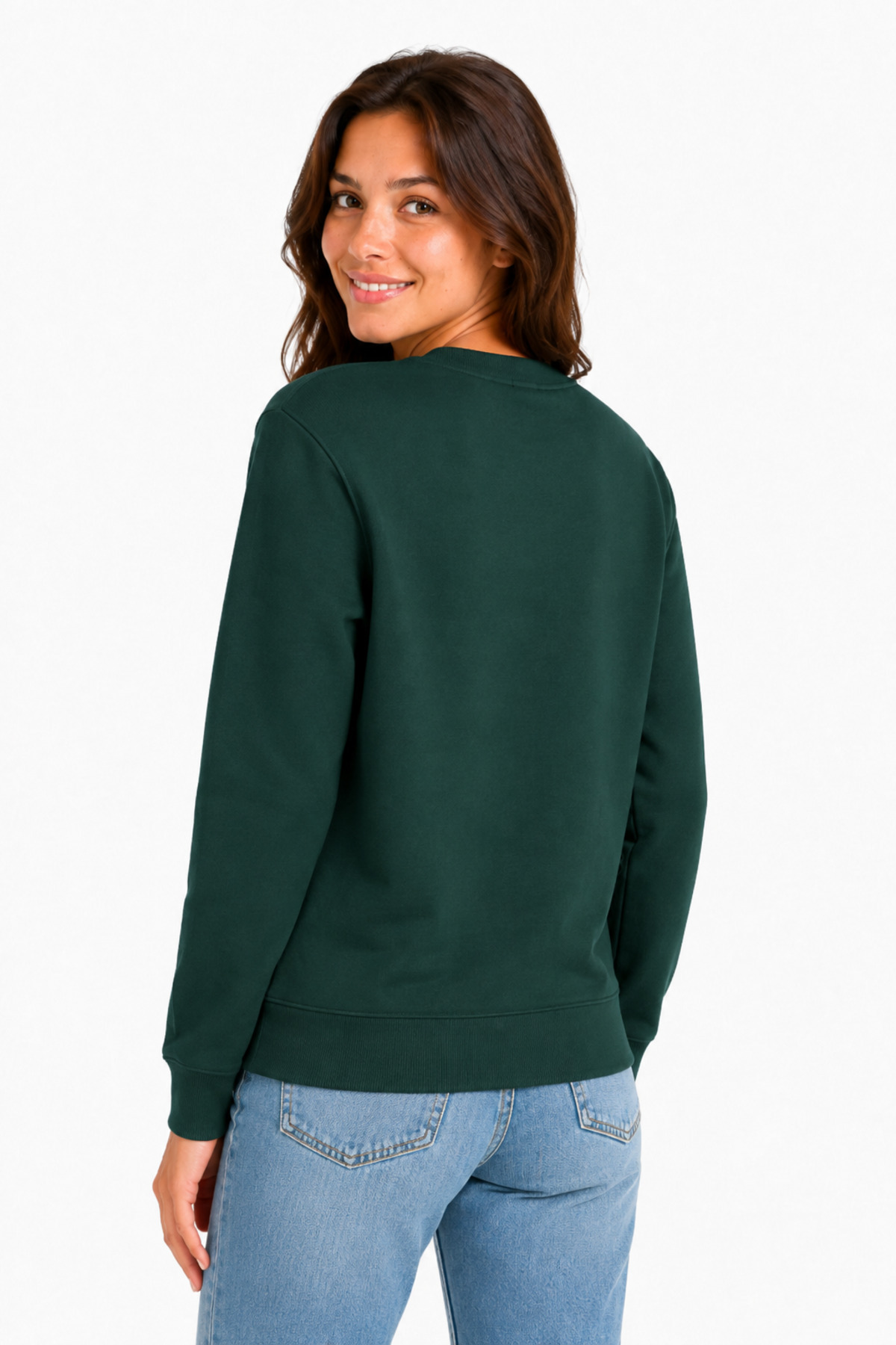 Unisex Koyu Yeşil Bisiklet Yaka Basic Sweatshirt – Uzun Kollu Rahat Kalıp Yeşil · Fotoğraf 3