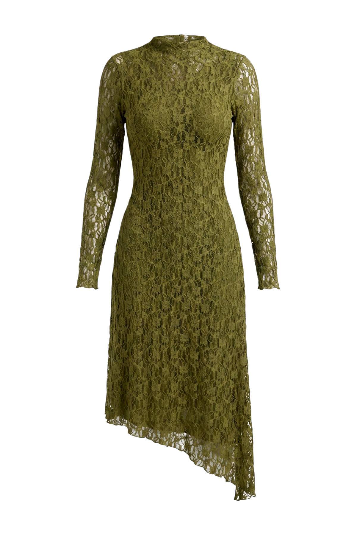 Trendyolmilla Özel Koleksiyon Haki Düz Asimetrik Bodycon/Vücuda Oturan Maxi Örme Dantel Elbise TWOAW26EL00057