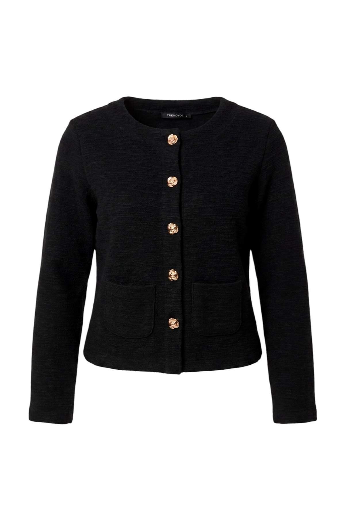 Trendyolmilla Siyah Düz Regular/Normal Kalıp Düğmeli Uzun Kol Tüvit Örme Bluz TWOAW27BZ00281